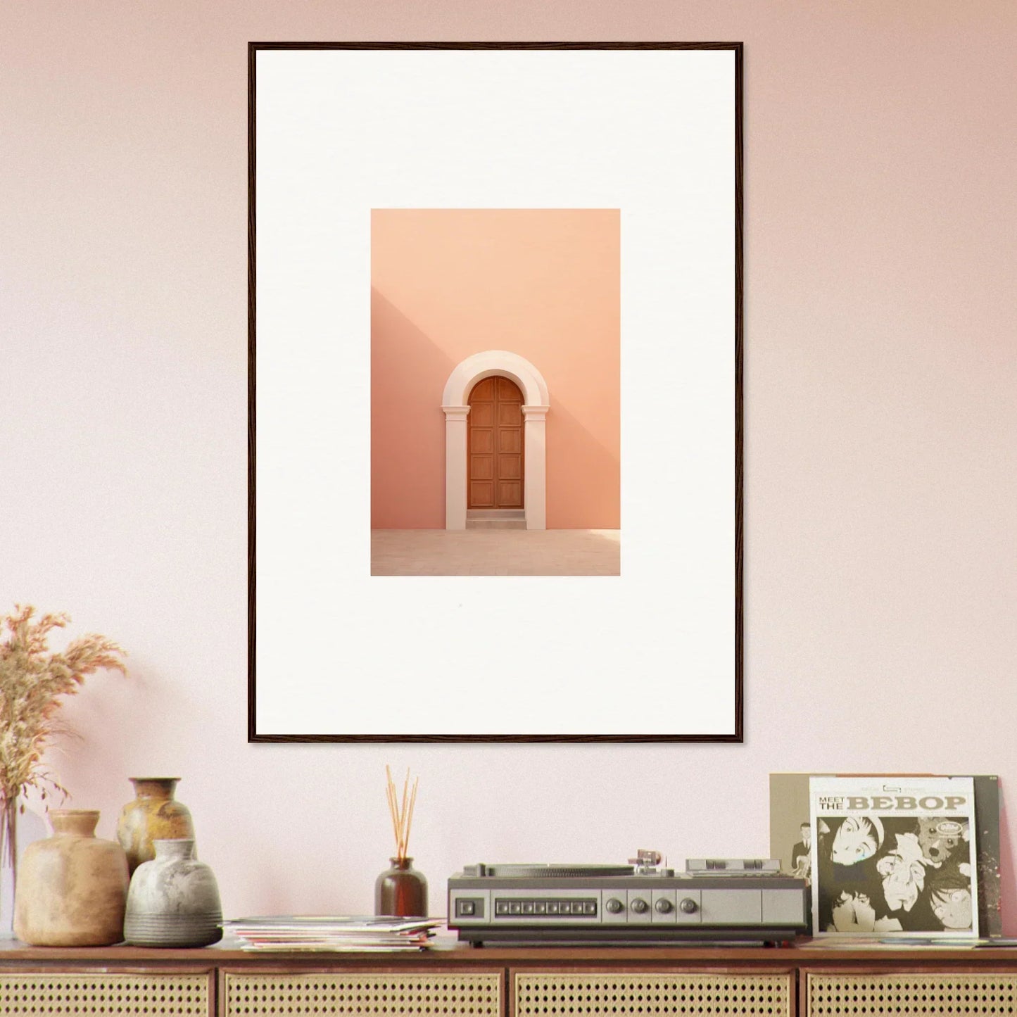 Framed wall art of a minimalist archway on a peachy pink wall for Dream Portal Solace