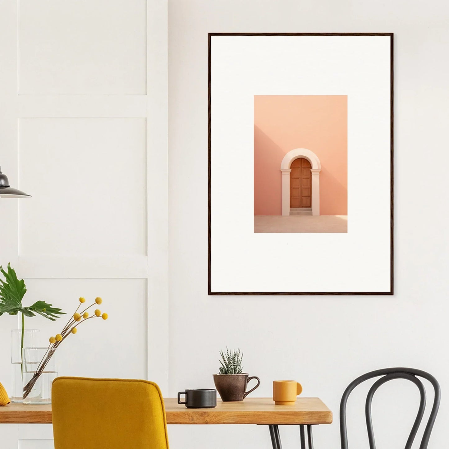 Framed wall art of a wooden door in a peach archway from Dream Portal Solace