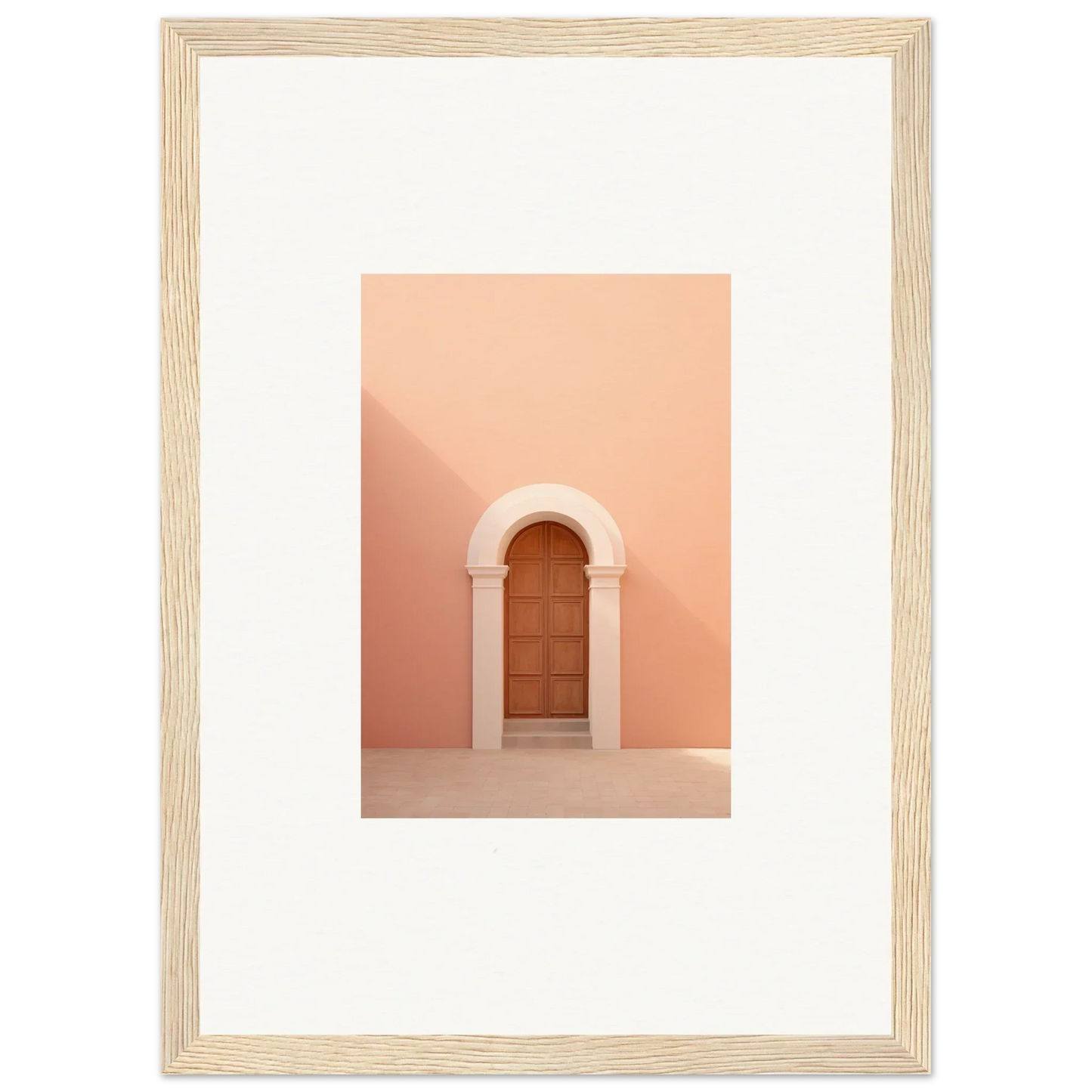 Wooden door in arched doorway on peachy-pink wall for Dream Portal Solace art