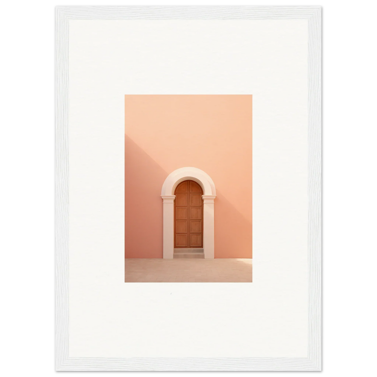 Wooden door in curved archway on peach-pink wall in Dream Portal Solace art