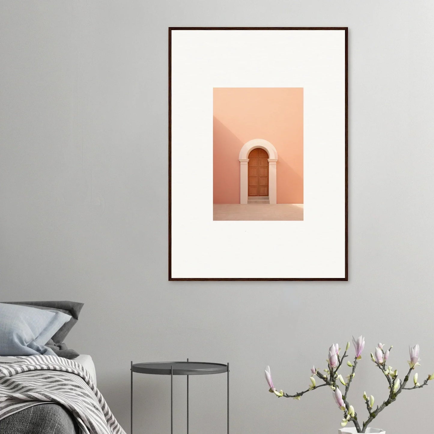 Wooden arched doorway on a peachy-pink wall in Dream Portal Solace framed wall art