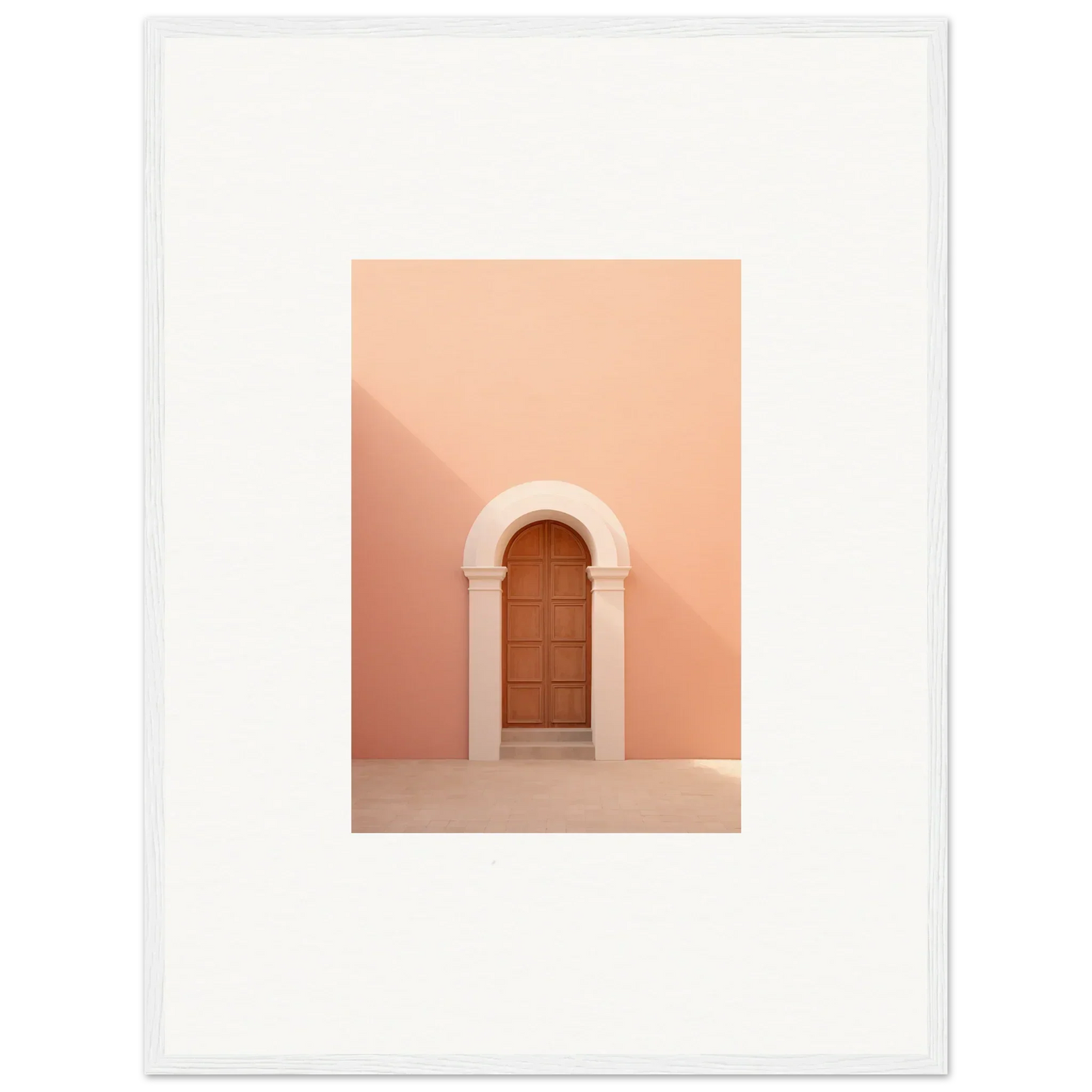Wooden door in white arch on peachy-pink wall for Dream Portal Solace art