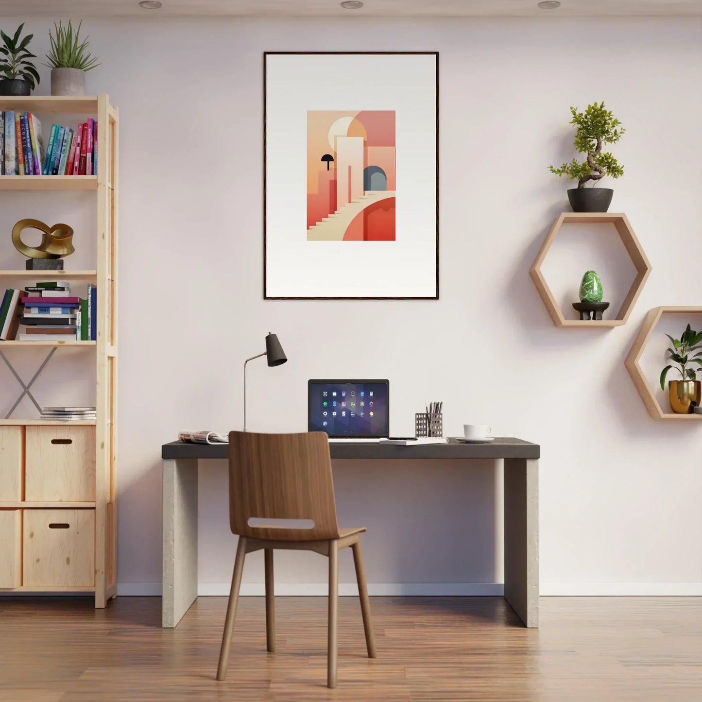 Modern home office with Dream Steps Admire, dark desk, wooden chair, and premium framed wall