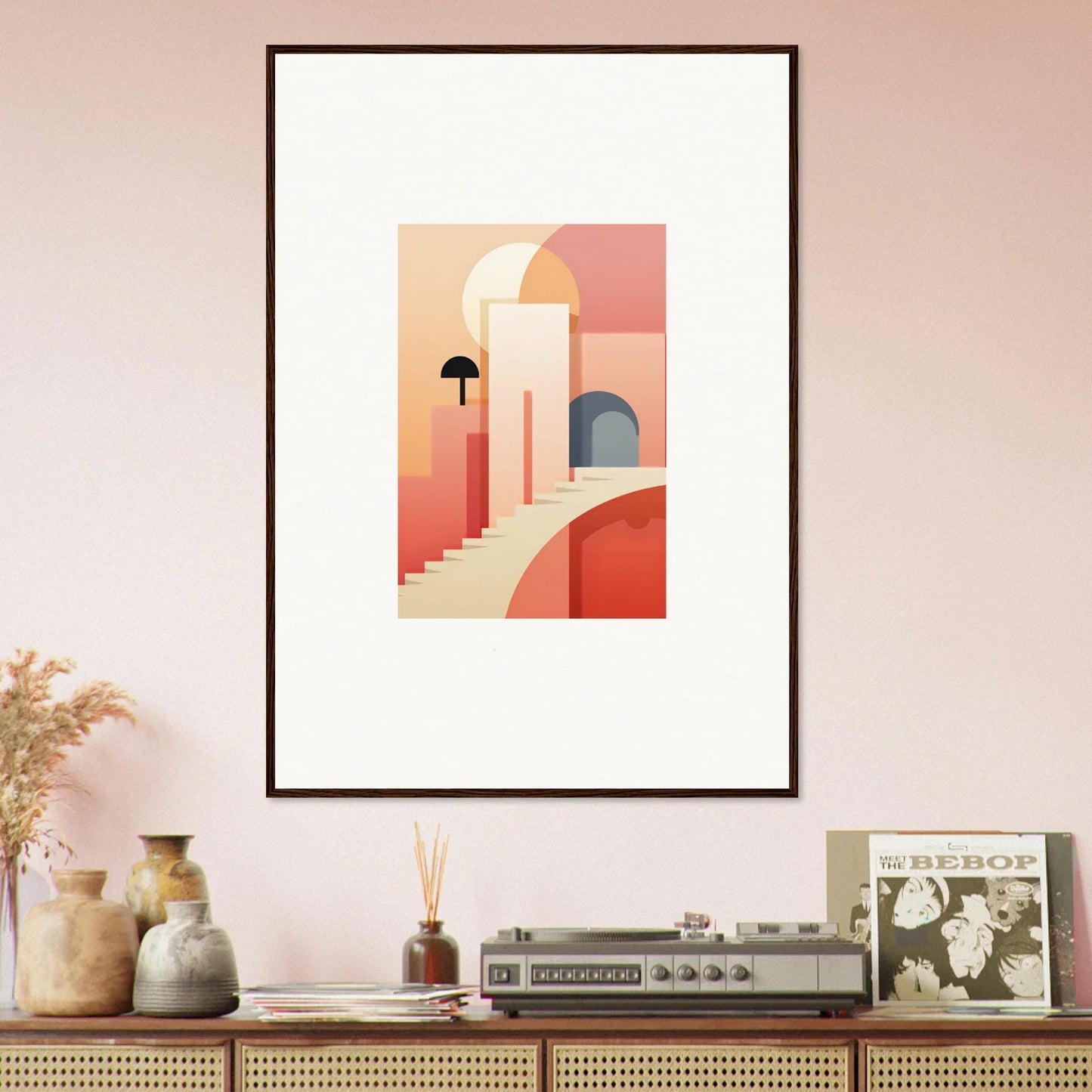Framed minimalist art from Dream Steps Admire with coral geometric shapes