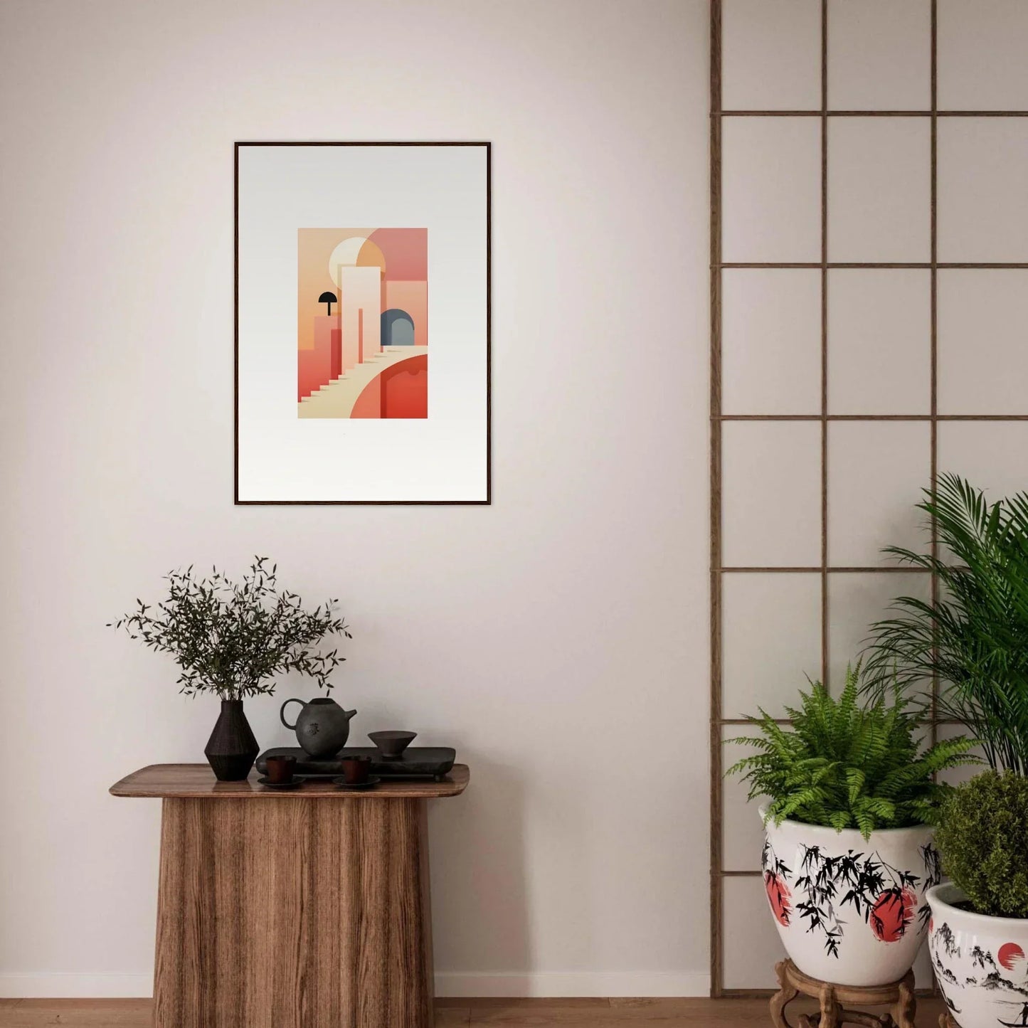 Framed abstract art print of geometric shapes in coral and peach from Dream Steps Admire