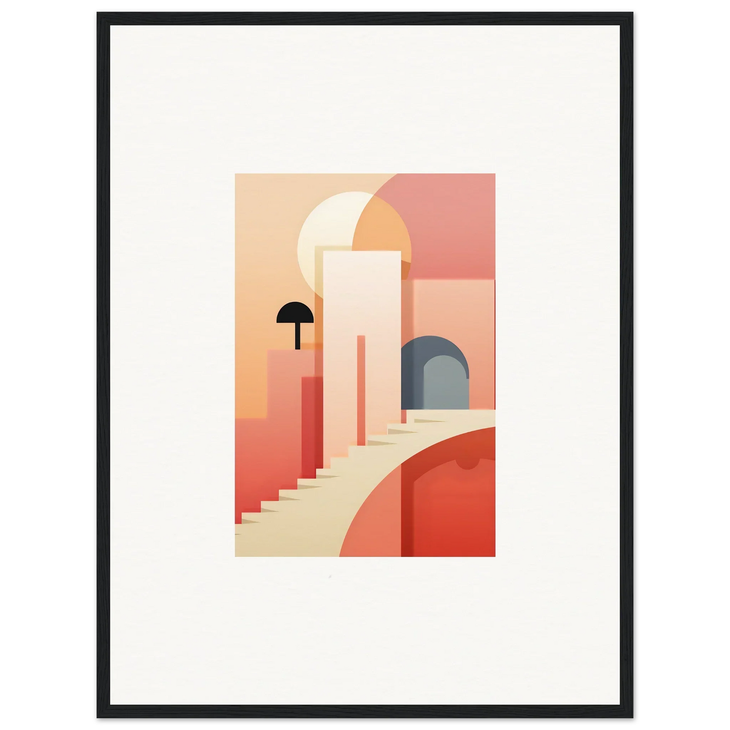 Minimalist architectural illustration with dreamy archways in coral for Dream Steps Admire