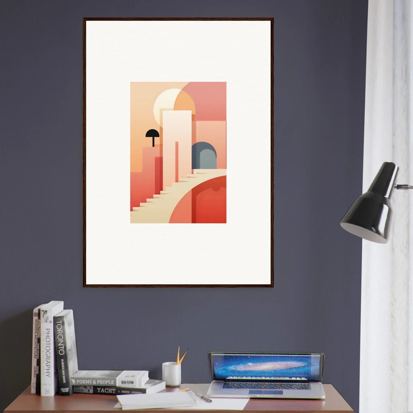 Framed minimalist art print of geometric shapes in coral tones for Dream Steps Admire