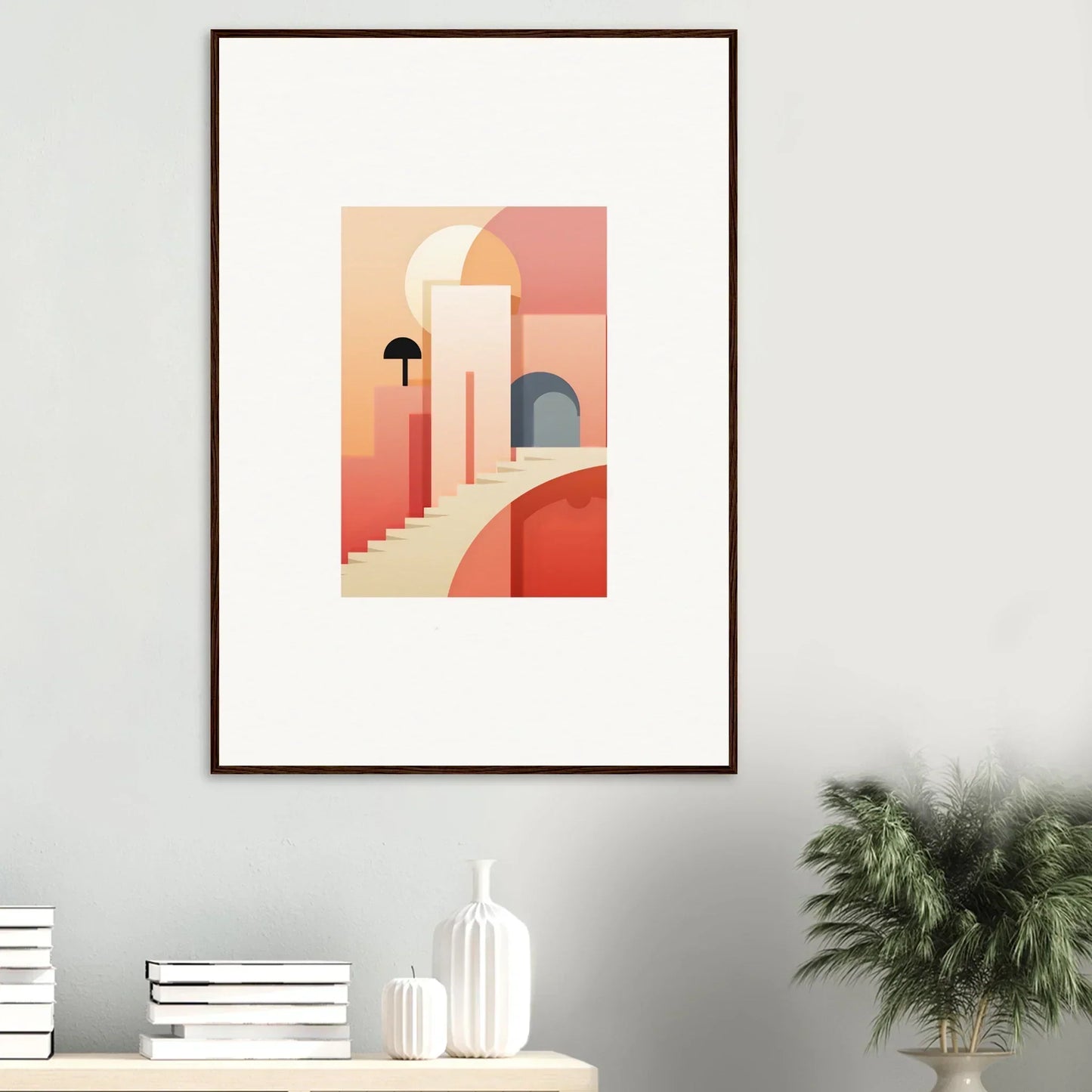 Framed minimalist art print of geometric forms in coral for Dream Steps Admire collection