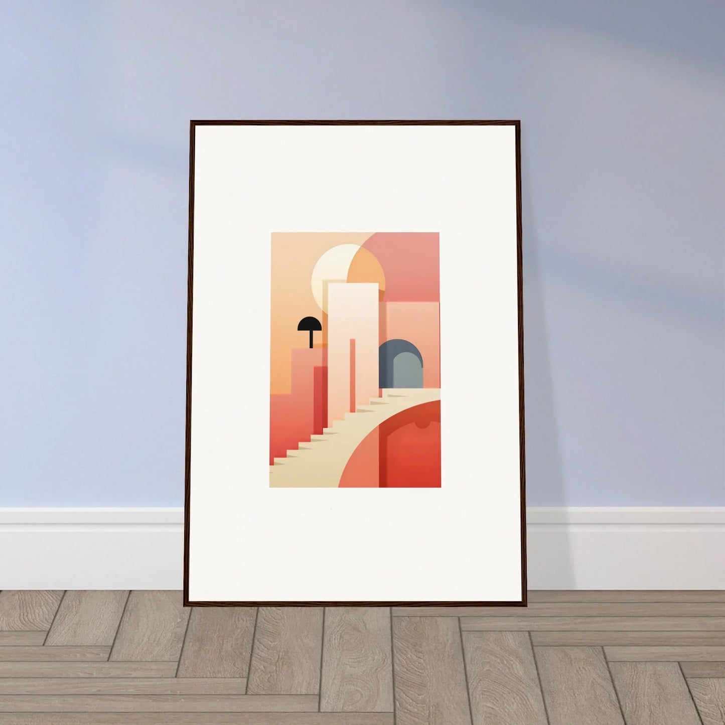 Framed minimalist art print of geometric shapes in coral and peach for Dream Steps Admire