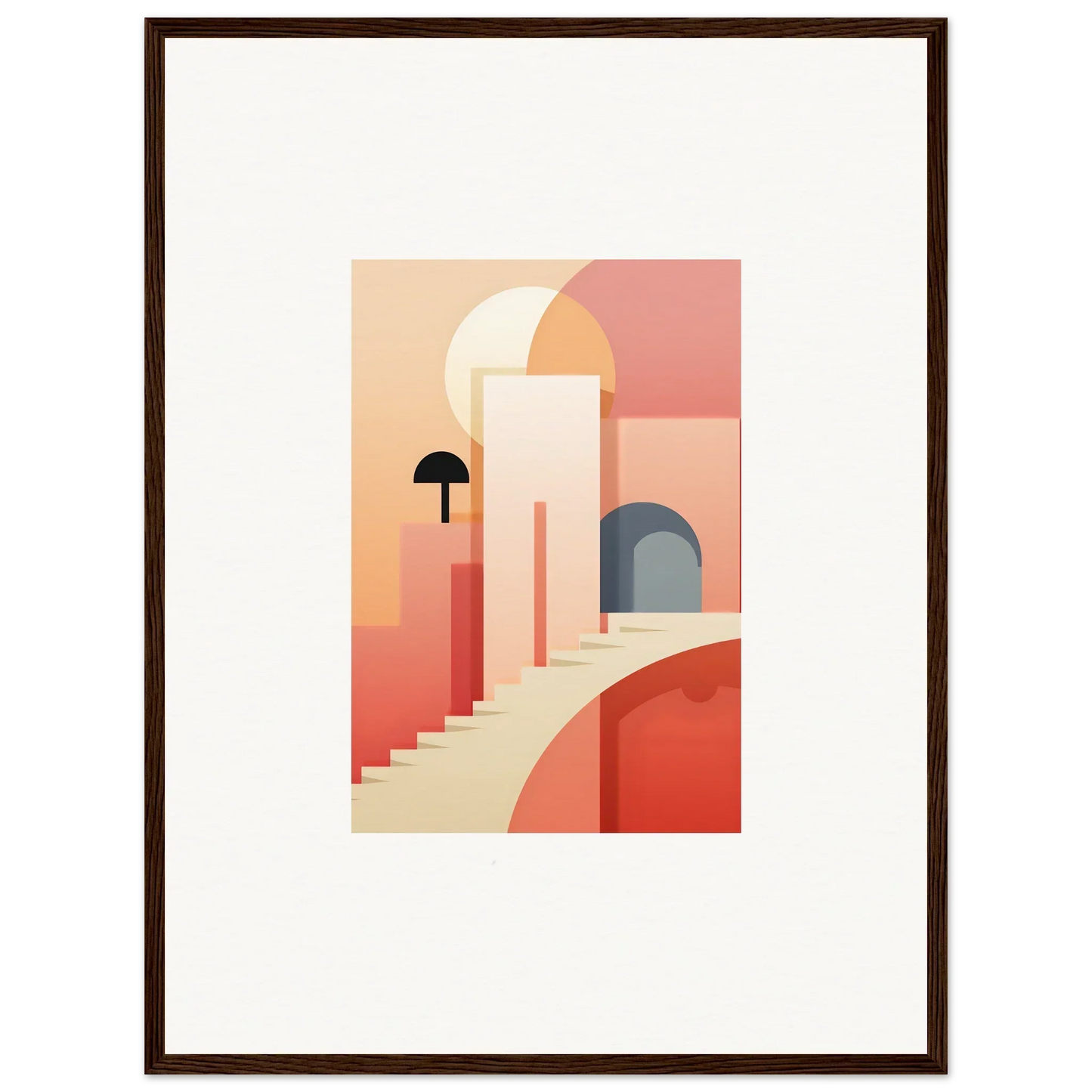 Minimalist architectural illustration with curved archways in coral for Dream Steps Admire