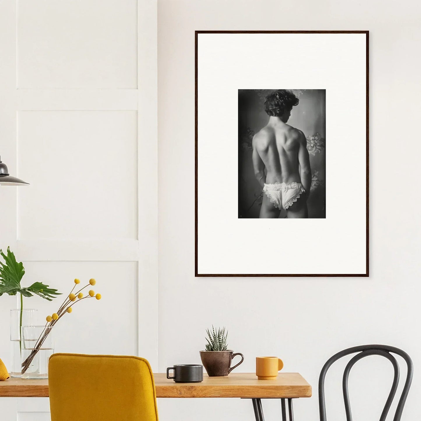 Framed black and white canvas print of a shirtless back for unique room decoration