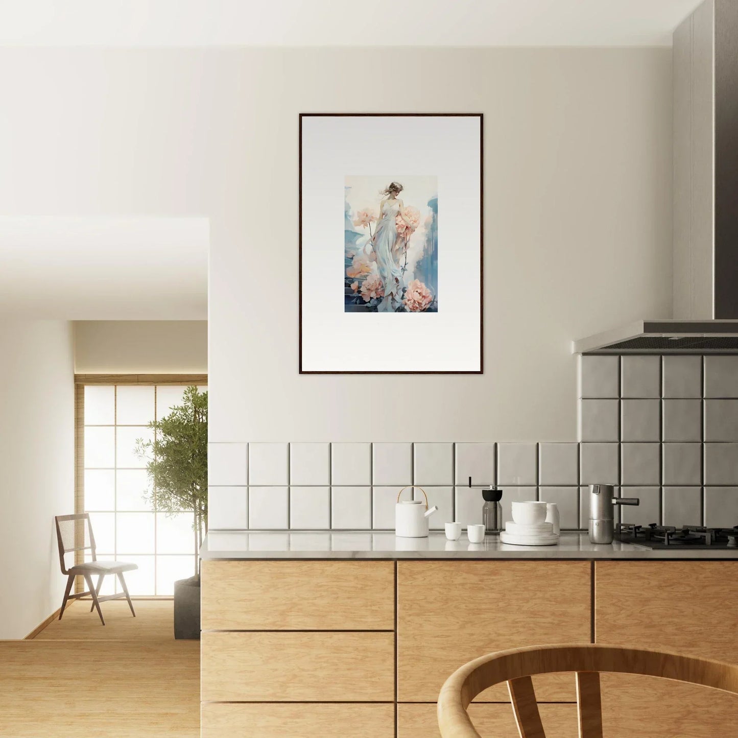 Modern kitchen featuring wooden cabinets, tiled backsplash, and framed wall art for decor