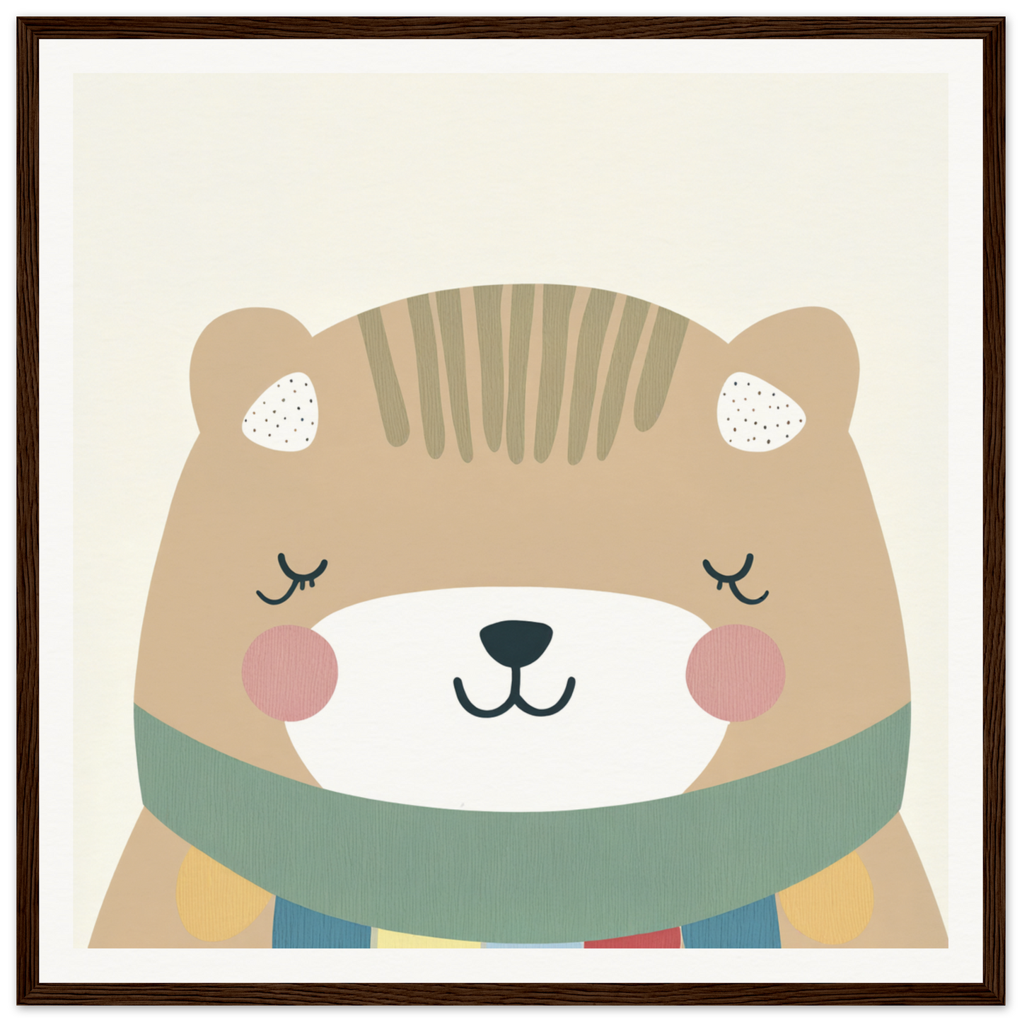 Cute cartoon bear in mint green scarf with closed eyes and rosy cheeks from Dreaming Bear Revelry