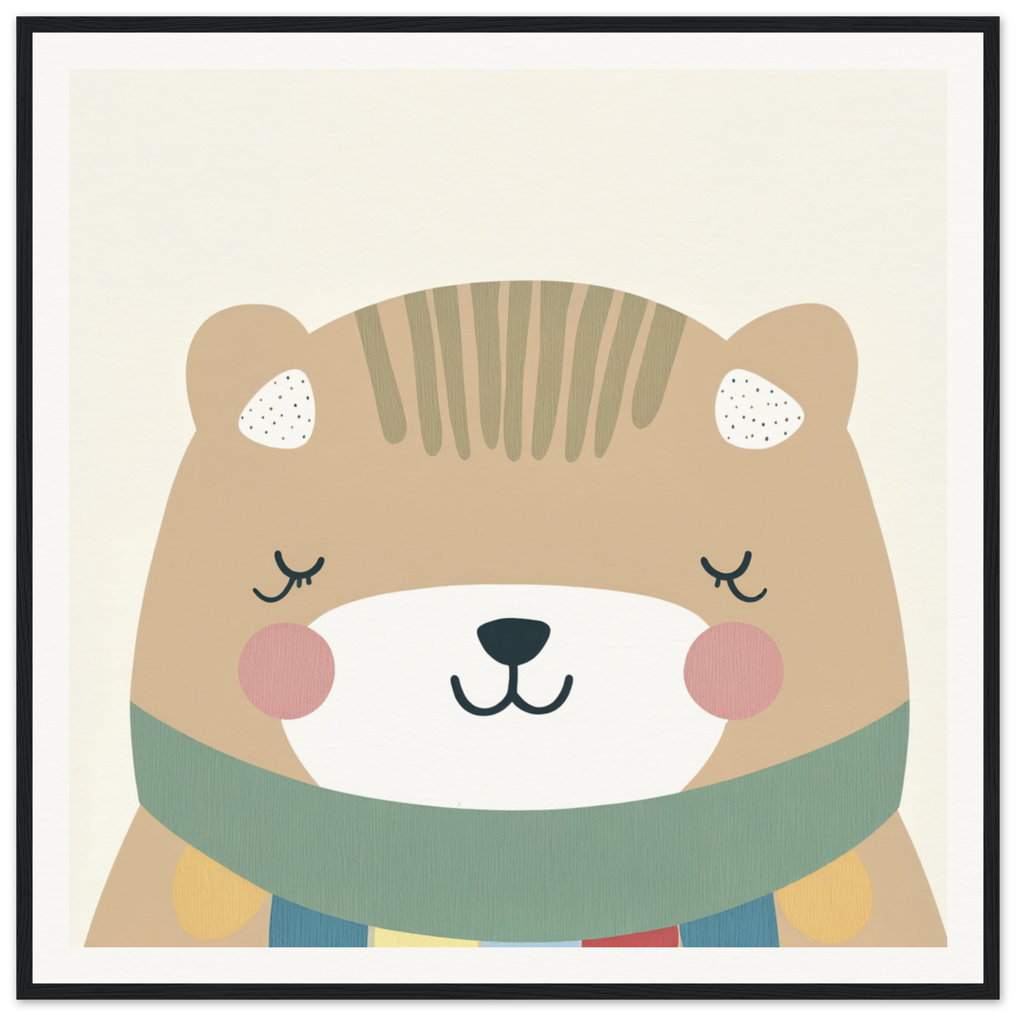 Cute cartoon bear with mint green scarf, closed eyes, and rosy cheeks in Dreaming Bear Revelry