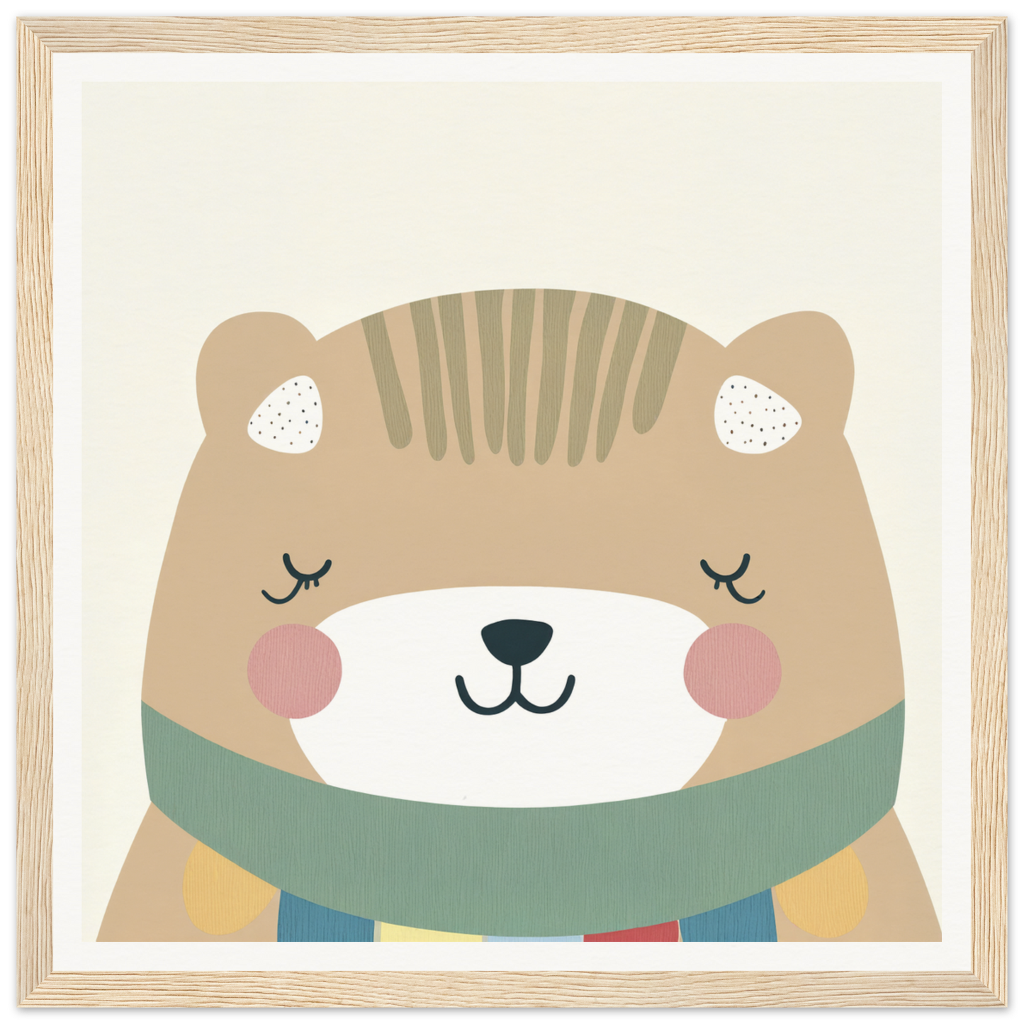 Cute cartoon bear with mint green scarf, closed eyes, and rosy cheeks for Dreaming Bear Revelry