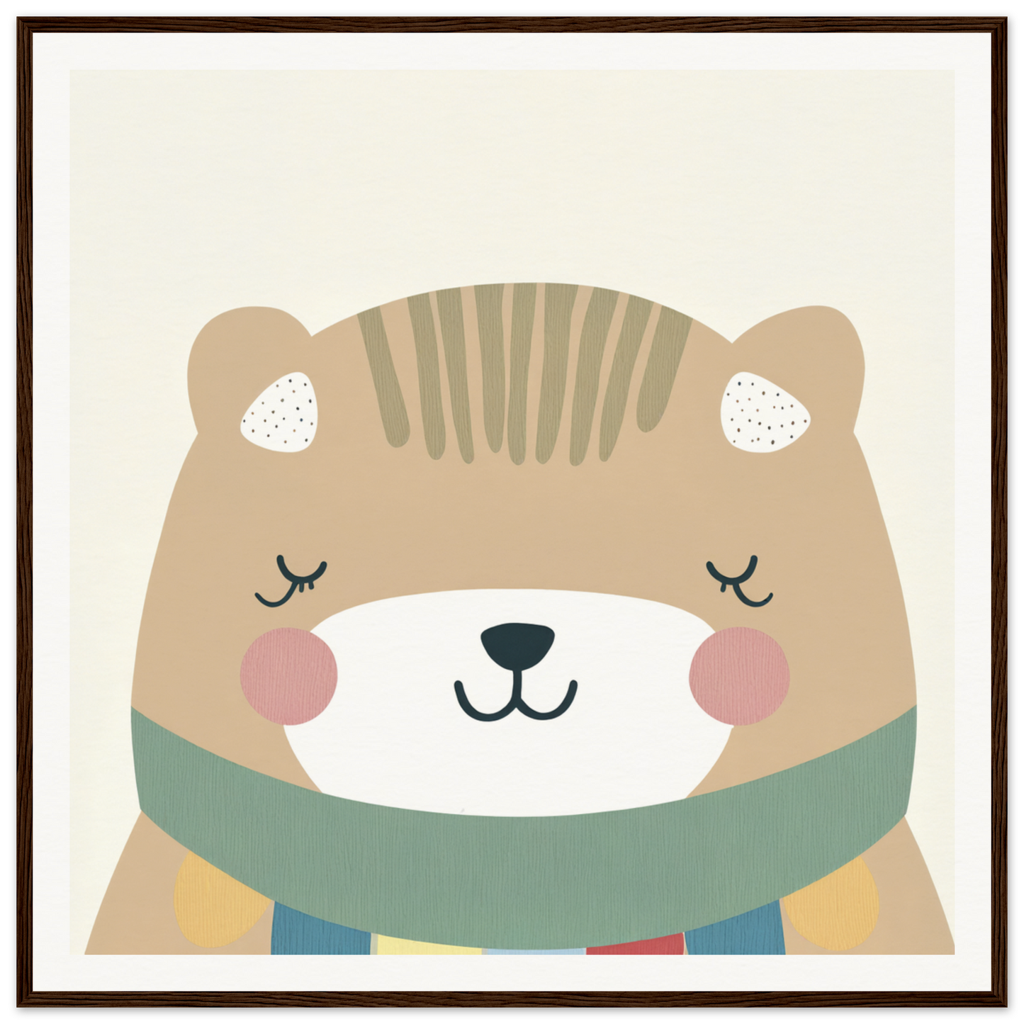 Cute cartoon bear in teal scarf with closed eyes and rosy cheeks from Dreaming Bear Revelry
