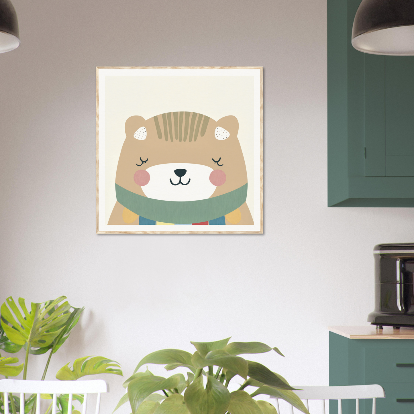 Cute cartoon bear in a teal scarf featured in Dreaming Bear Revelry wall art