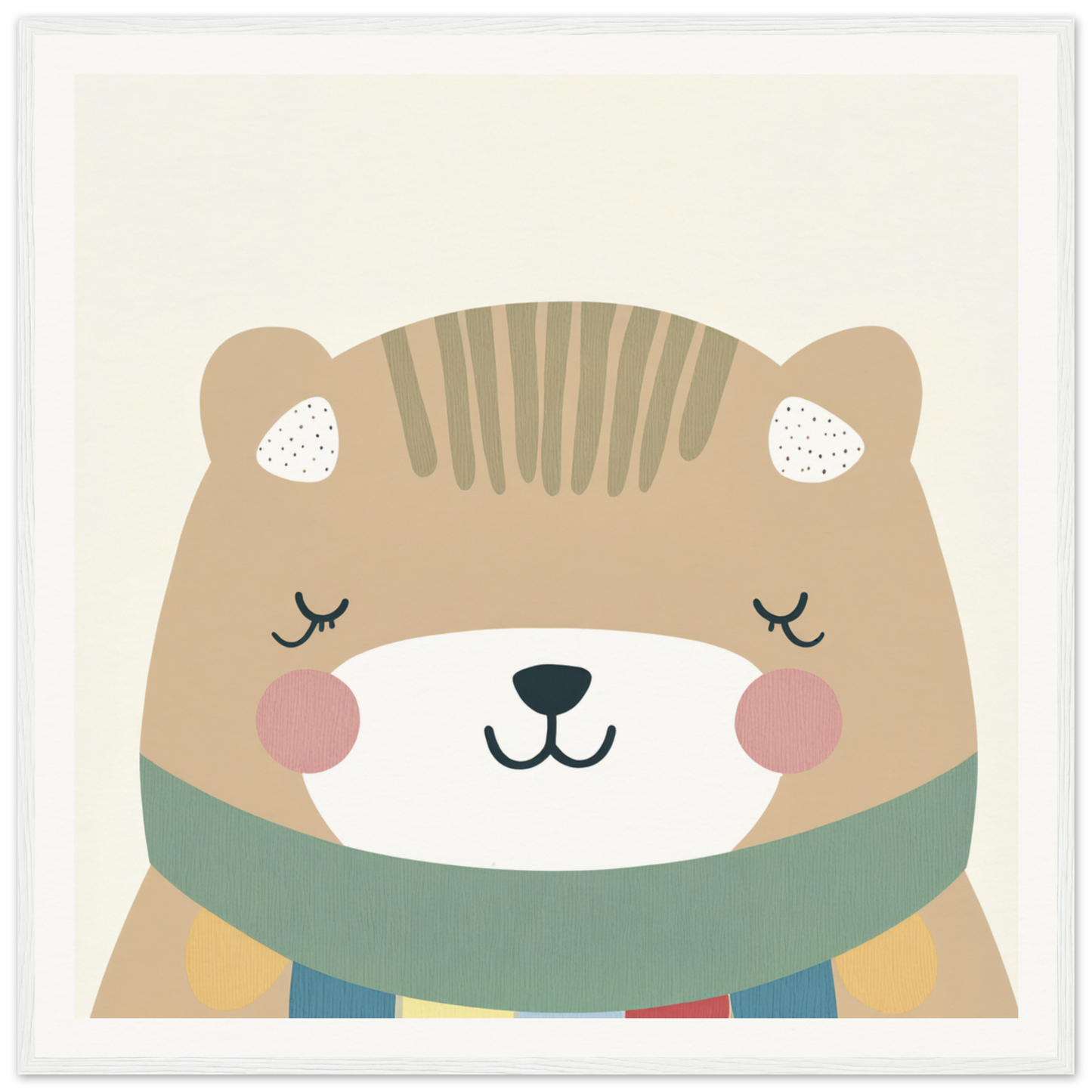 Cute cartoon bear in a green scarf with closed eyes and rosy cheeks for Dreaming Bear Revelry
