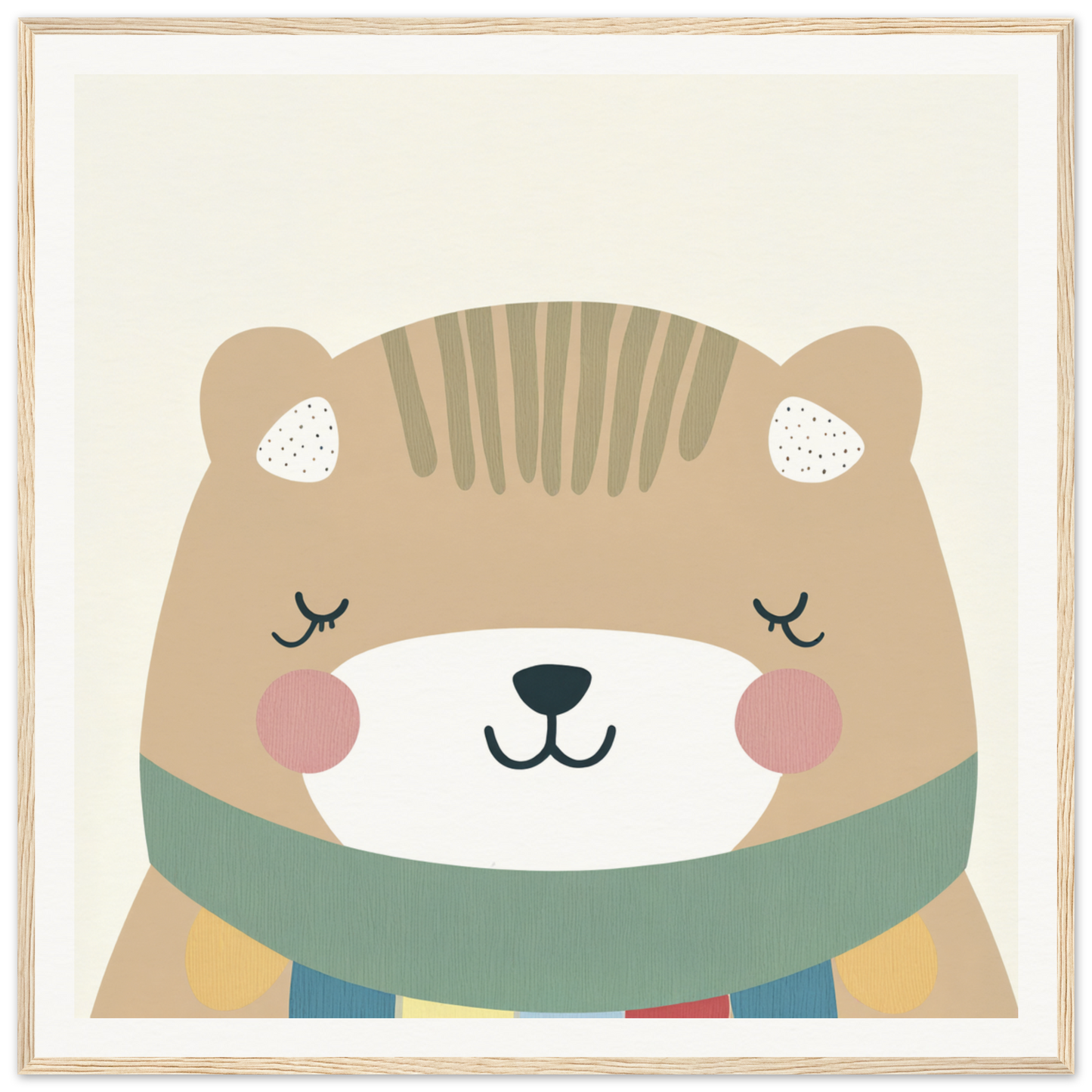 Cute cartoon bear in green scarf with closed eyes and rosy cheeks for Dreaming Bear Revelry