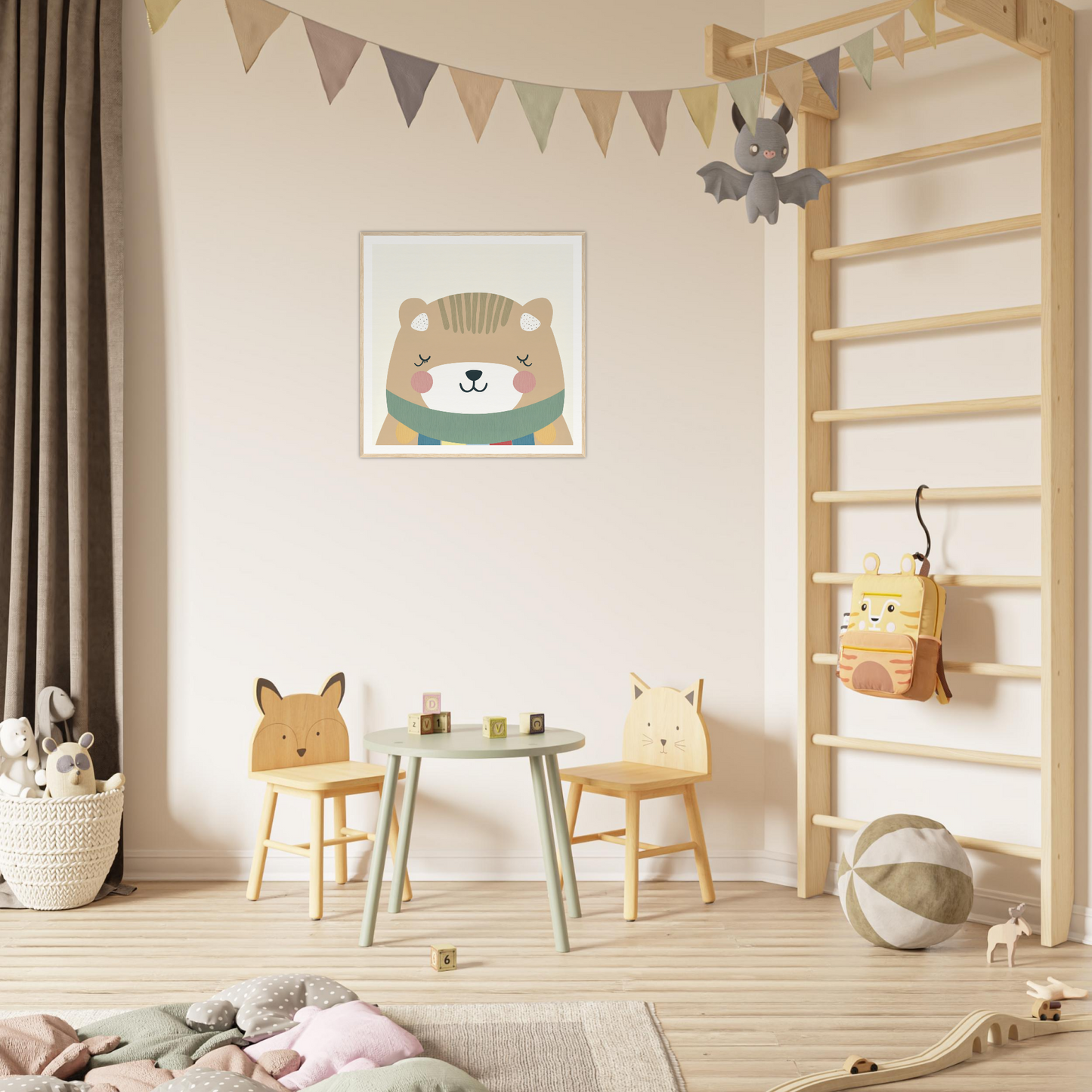 Children’s play area featuring animal-themed chairs and a round table from Dreaming Bear Revelry