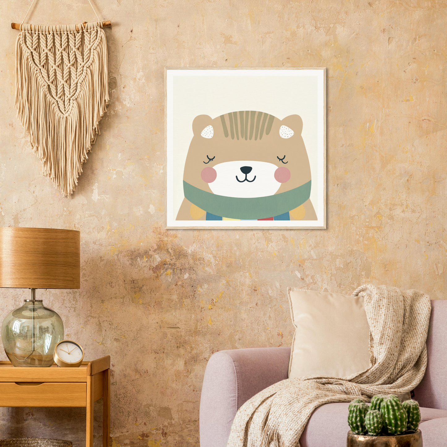 Cute cartoon bear in a green scarf on a white canvas from Dreaming Bear Revelry