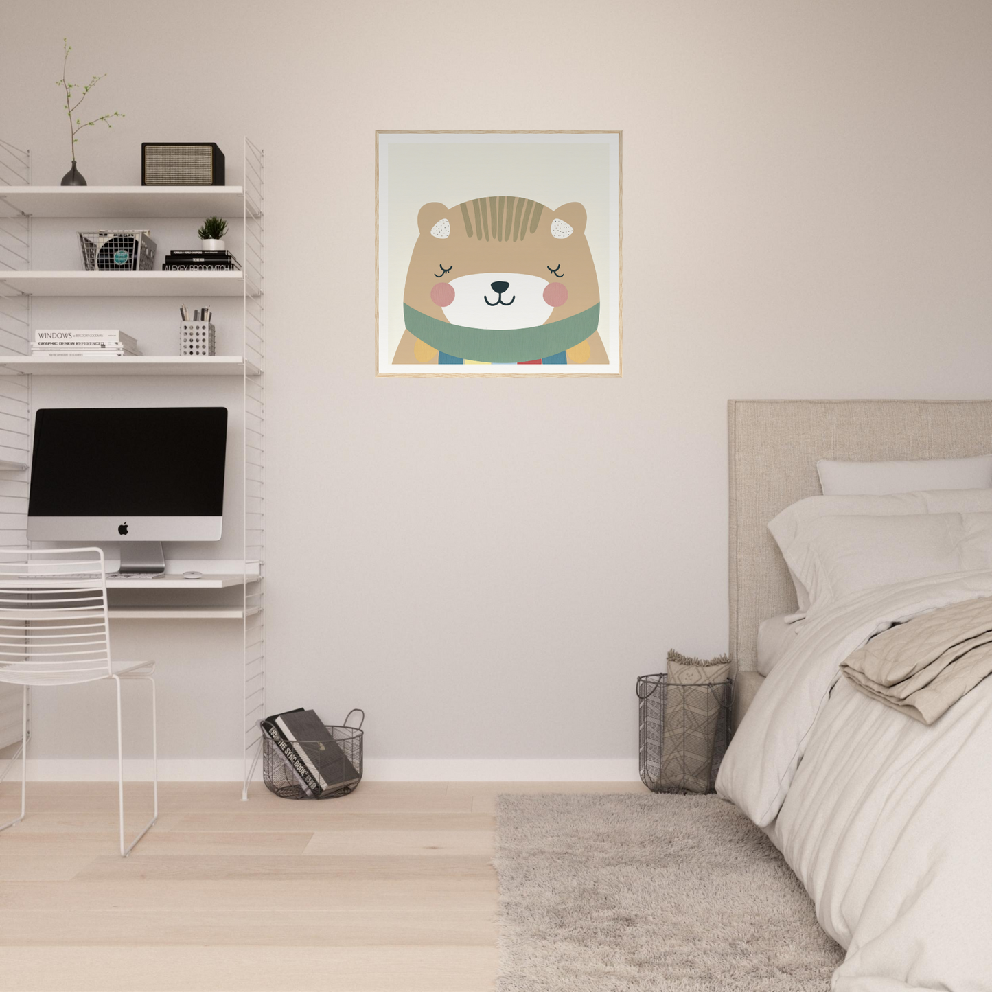 Cute cartoon bear in teal scarf, framed art titled Dreaming Bear Revelry