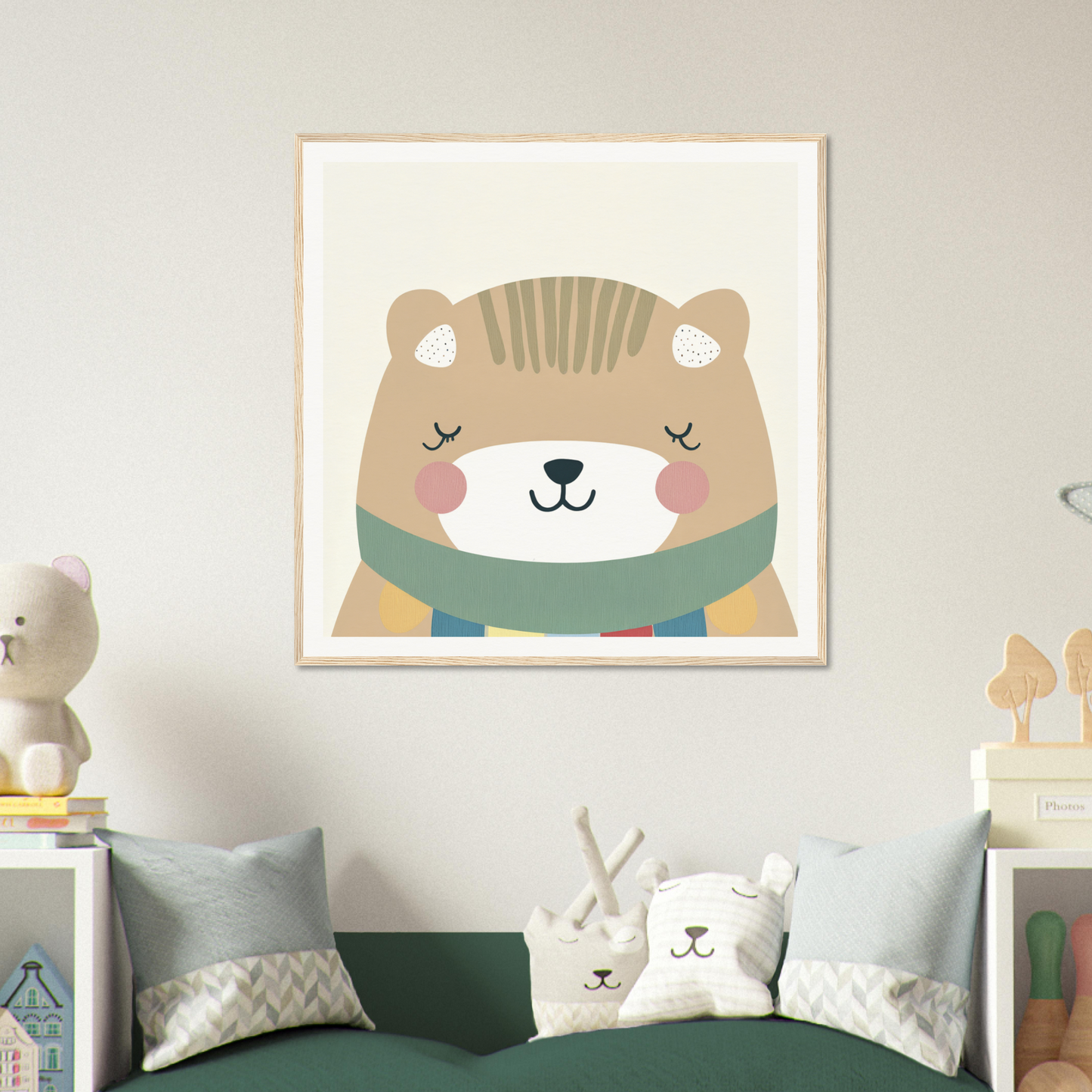 Cute cartoon bear in a green scarf on nursery art print titled Dreaming Bear Revelry