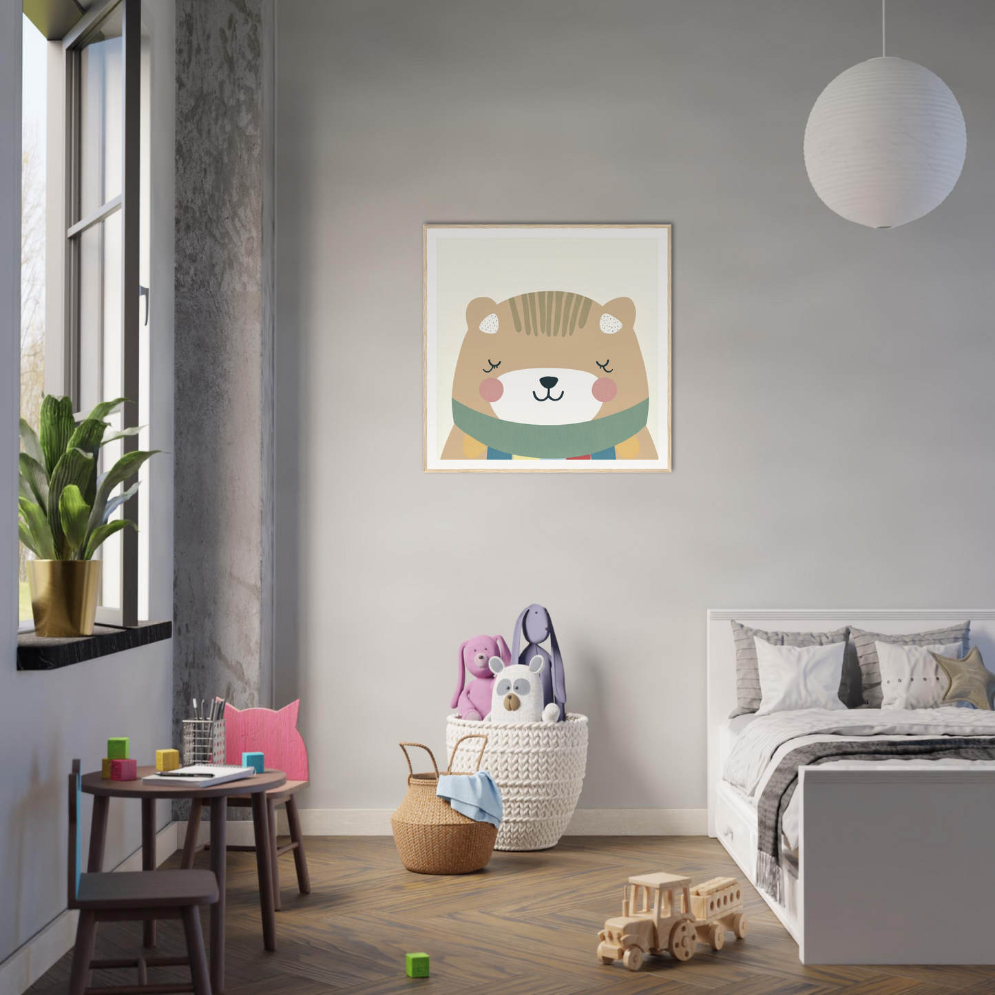 Cute cartoon bear illustration with green scarf on gray wall from Dreaming Bear Revelry