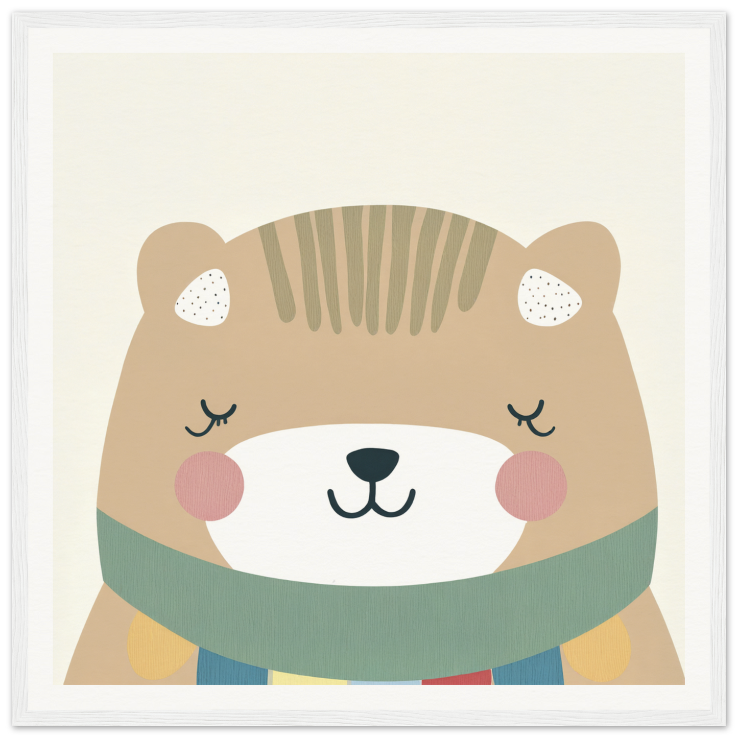 Cute cartoon bear in colorful clothing and green scarf from Dreaming Bear Revelry