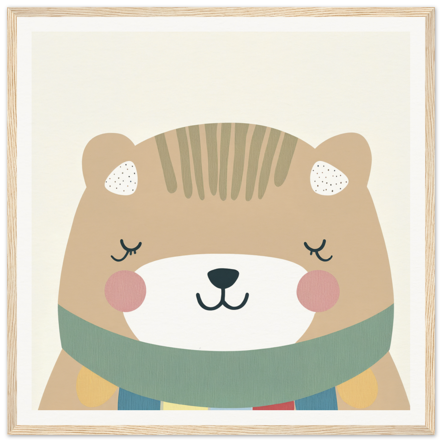 Cute cartoon bear in mint green scarf with closed eyes and rosy cheeks for Dreaming Bear Revelry