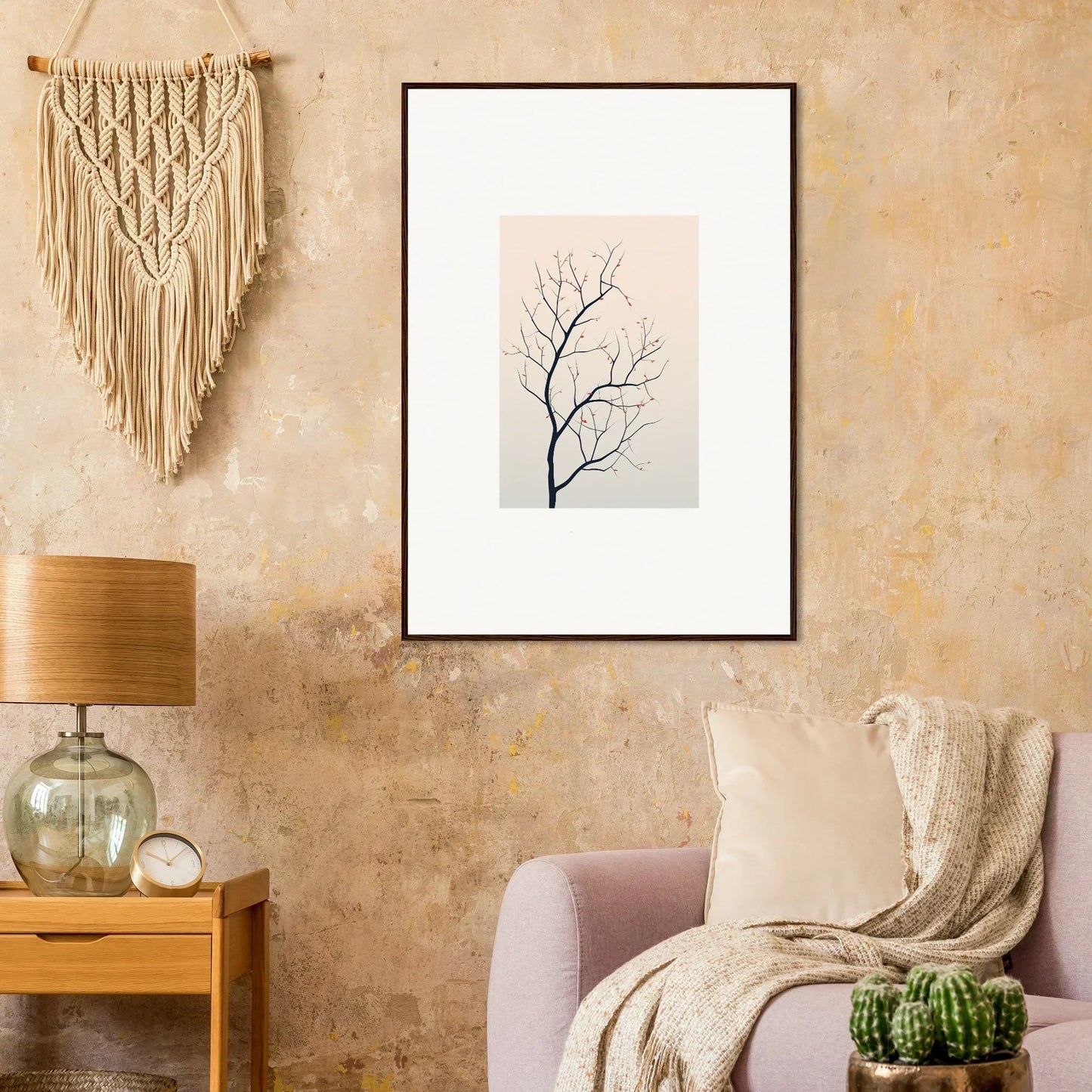Framed minimalist canvas print of a bare tree branch for silent renewal room decoration