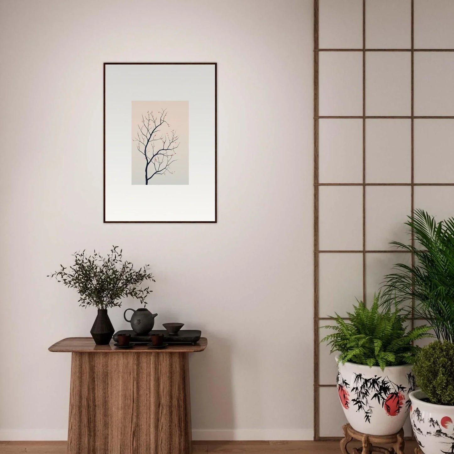 Framed canvas print of a bare tree branch for a serene silent renewal room decoration