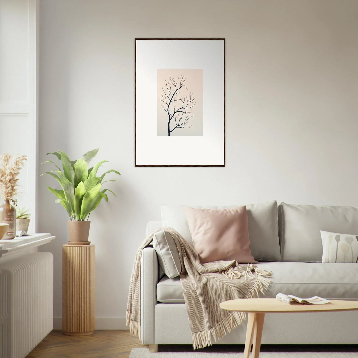 Framed canvas print of a bare tree branch for serene silent renewal room decoration