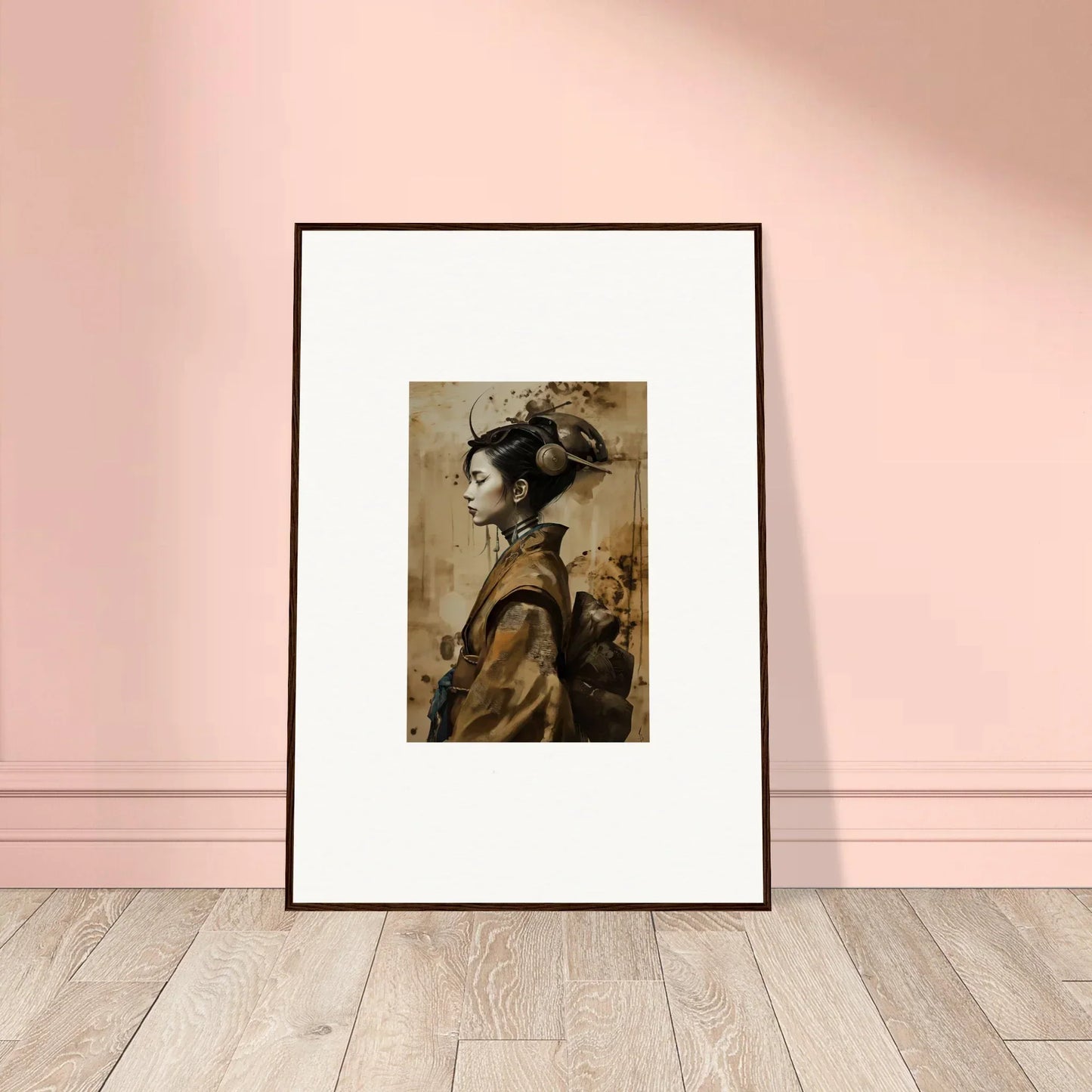 Framed canvas print of a woman in Japanese attire, perfect for room decoration with Whisper Muse
