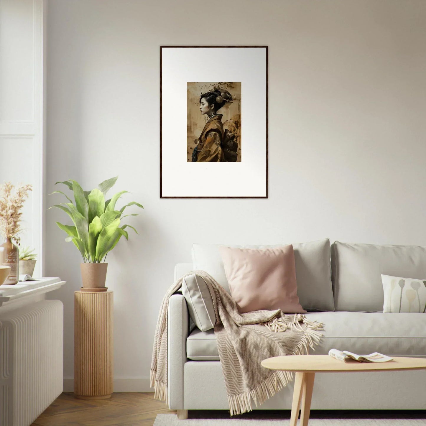 Framed canvas print of a woman in traditional geisha attire, perfect for room decoration