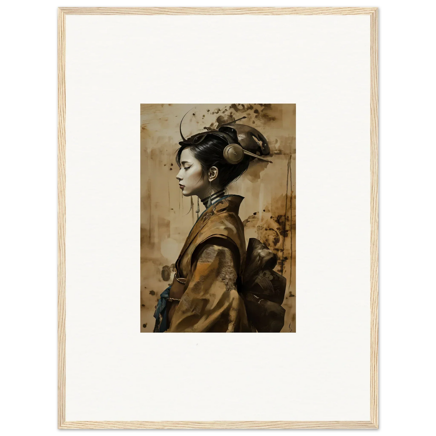 Framed canvas print of a woman in traditional East Asian attire for room decoration