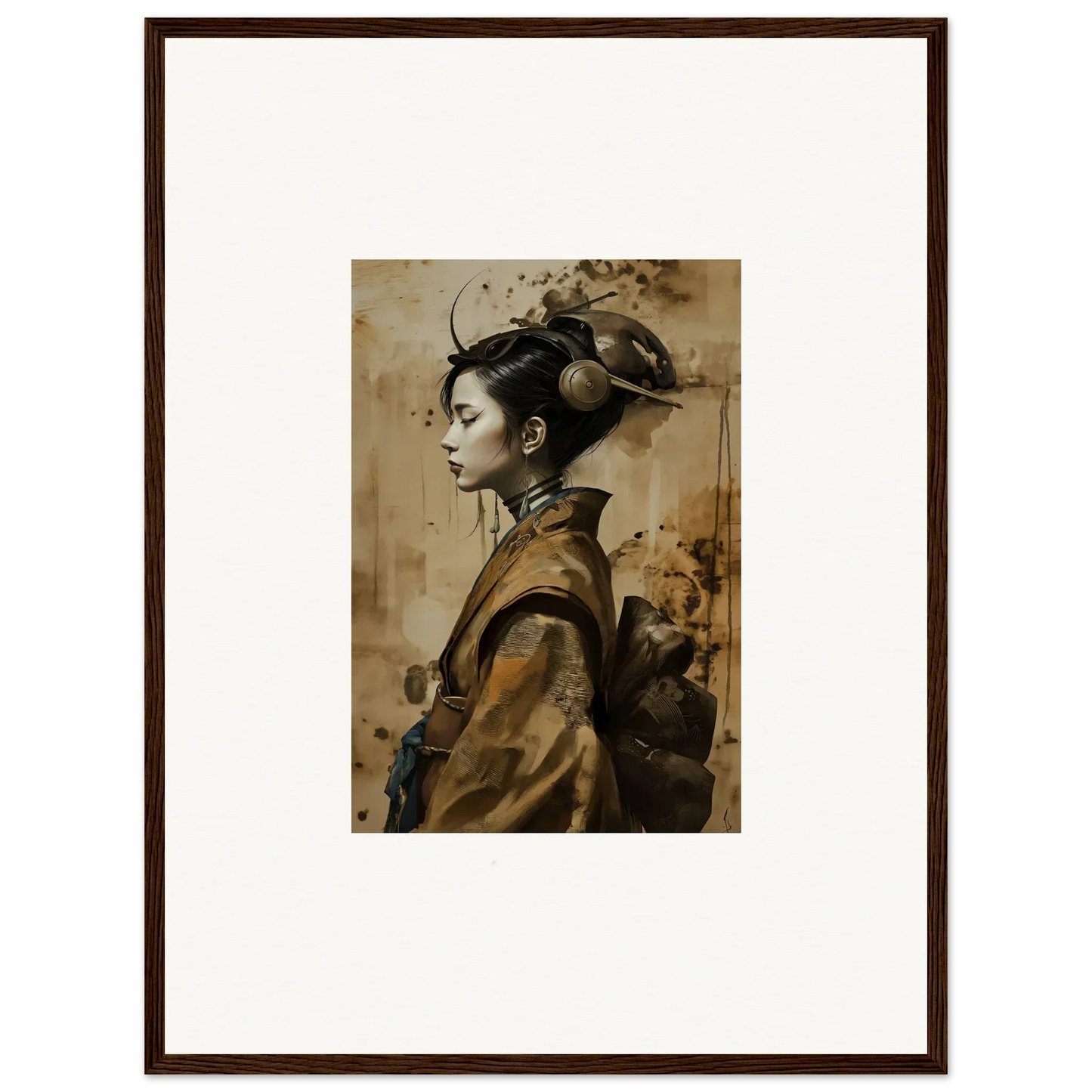 Framed canvas print of a woman in traditional East Asian attire for room decoration