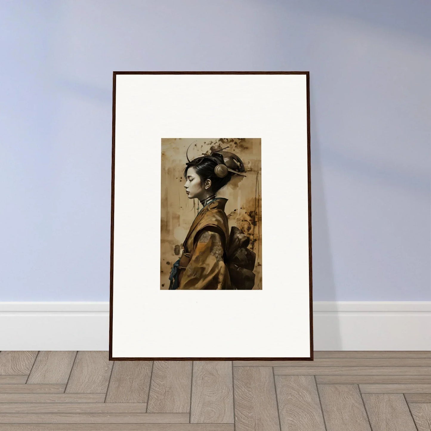 Framed canvas print of a woman in traditional Japanese attire for room decoration