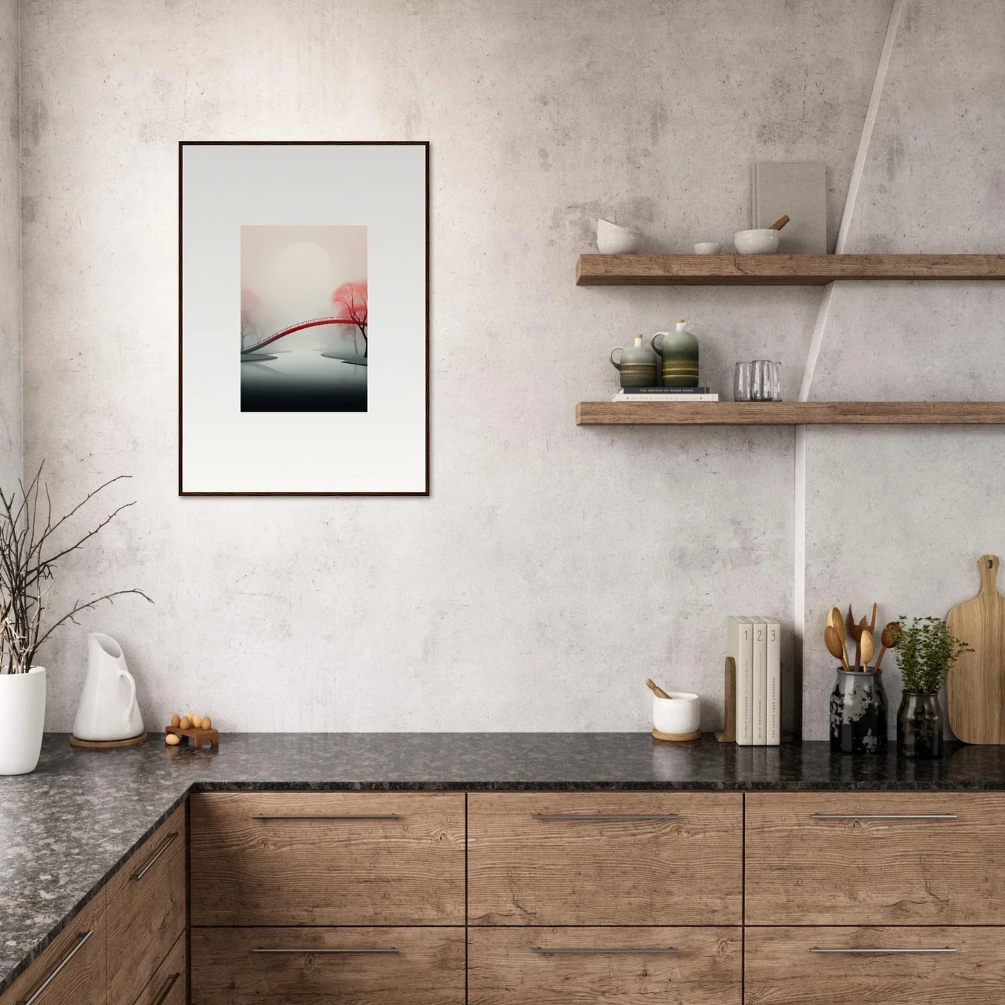 Modern kitchen with wooden cabinets and minimalist decor for a mystic passage vibe