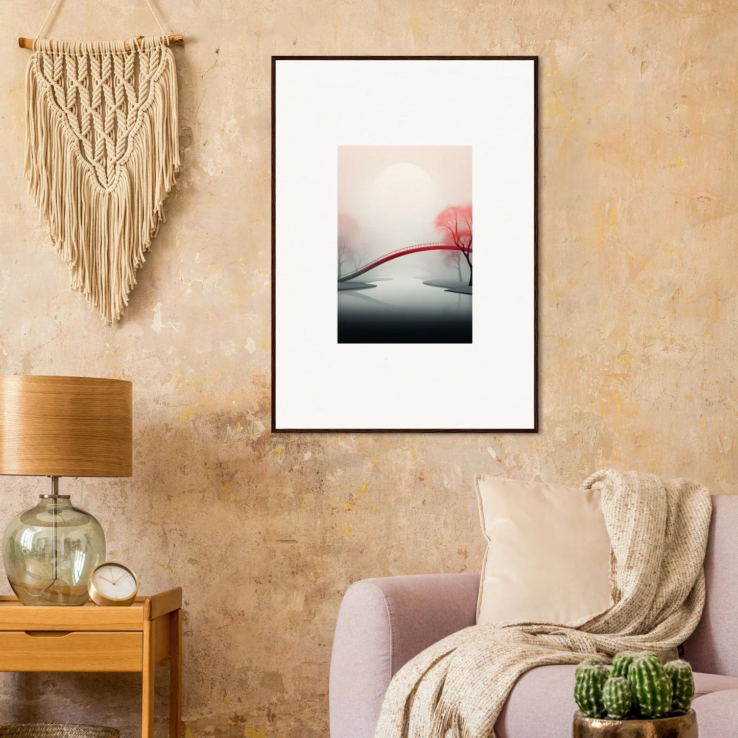 Framed minimalist canvas print of a red tree in a misty background for room decoration