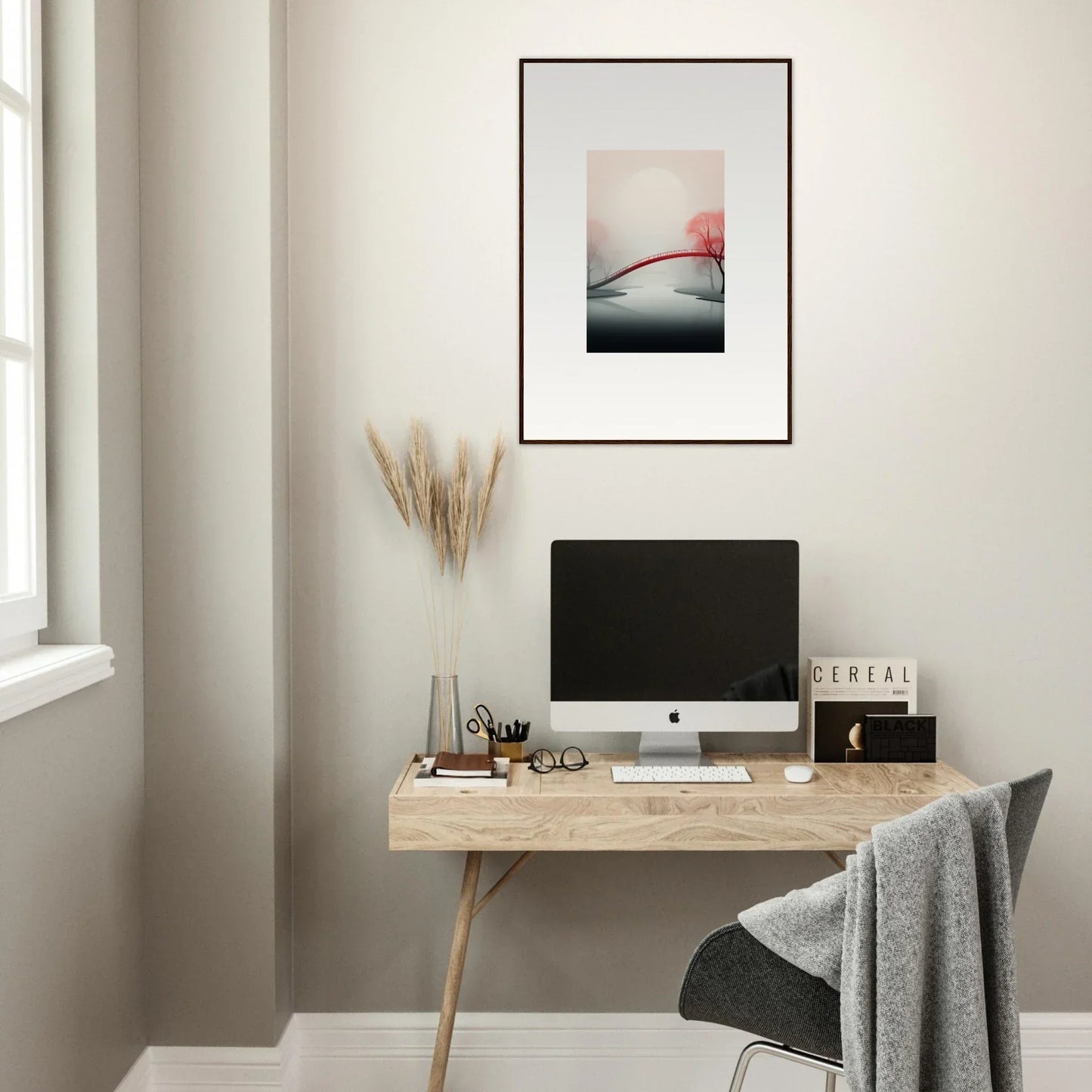 Minimalist wooden desk setup with a computer and accessories for a cozy room decoration