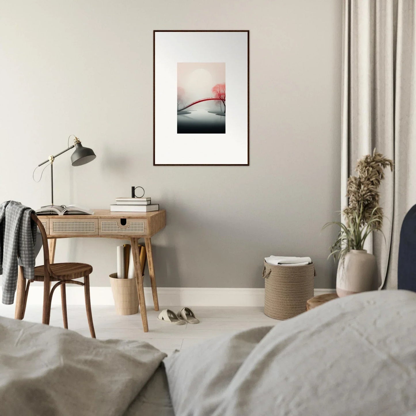 Framed canvas print of a minimalist landscape with a red sun for room decoration