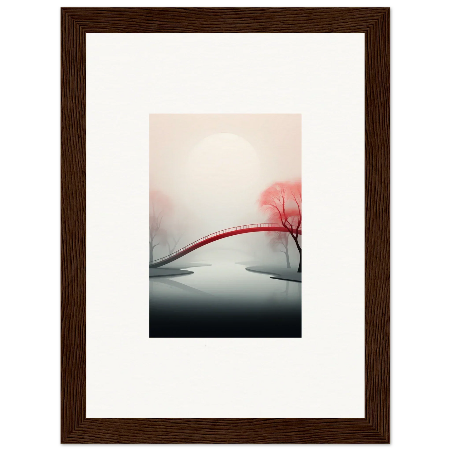 Framed canvas print of a minimalist landscape with a red bridge for room decoration