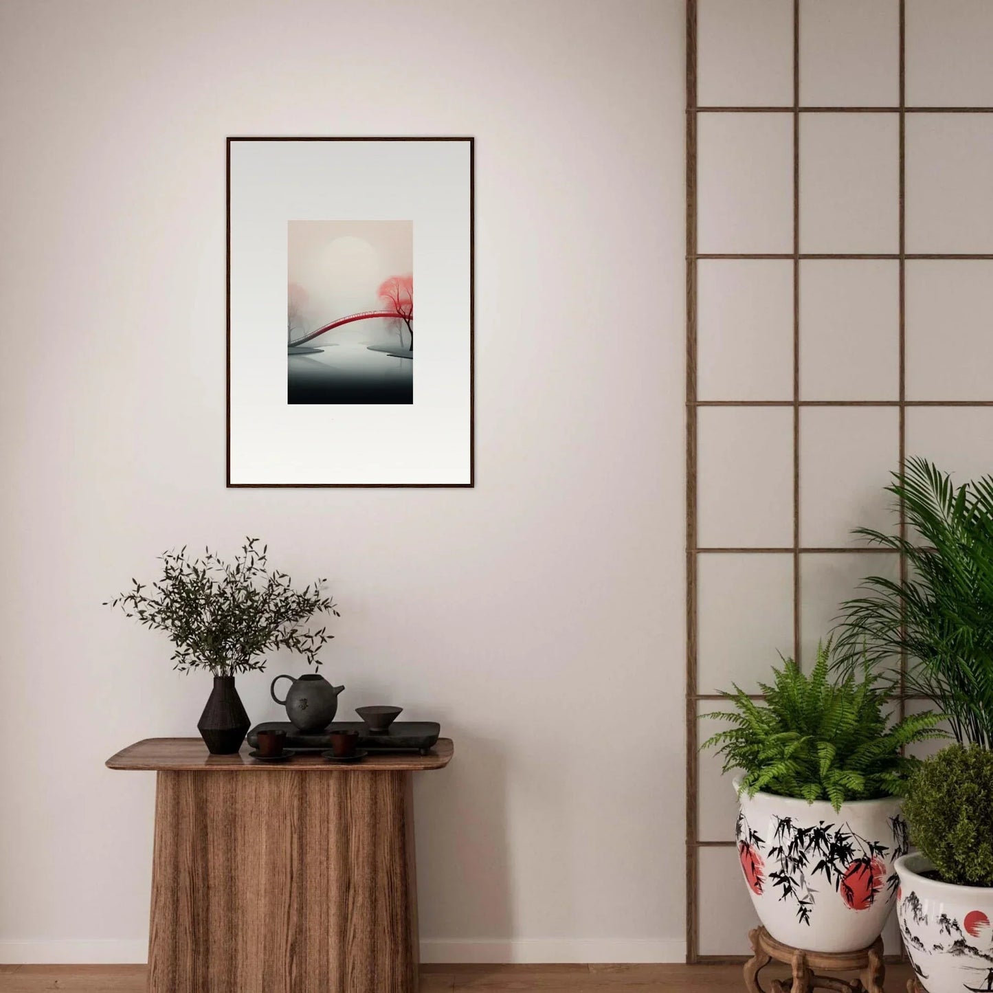 Framed minimalist canvas print of a foggy landscape with a hint of red for room decoration