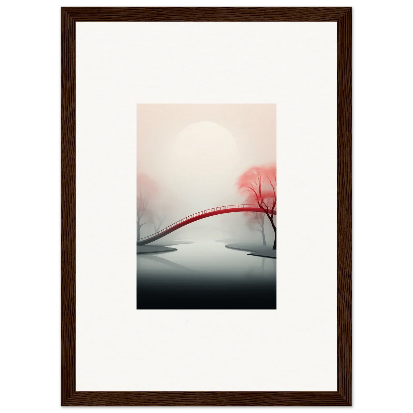 Framed canvas print of a minimalist landscape with a red bridge for room decoration