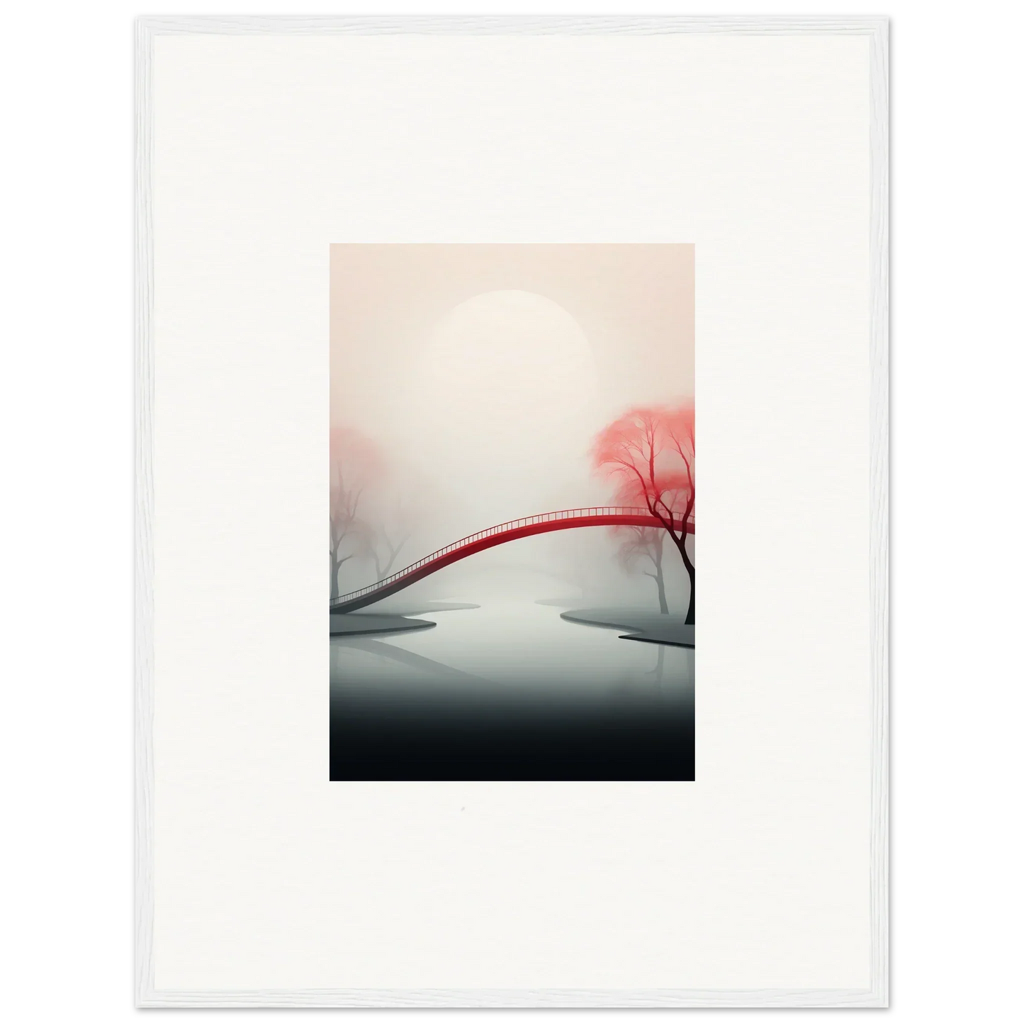 Red arched bridge over misty waters surrounded by pink trees, perfect for room decoration