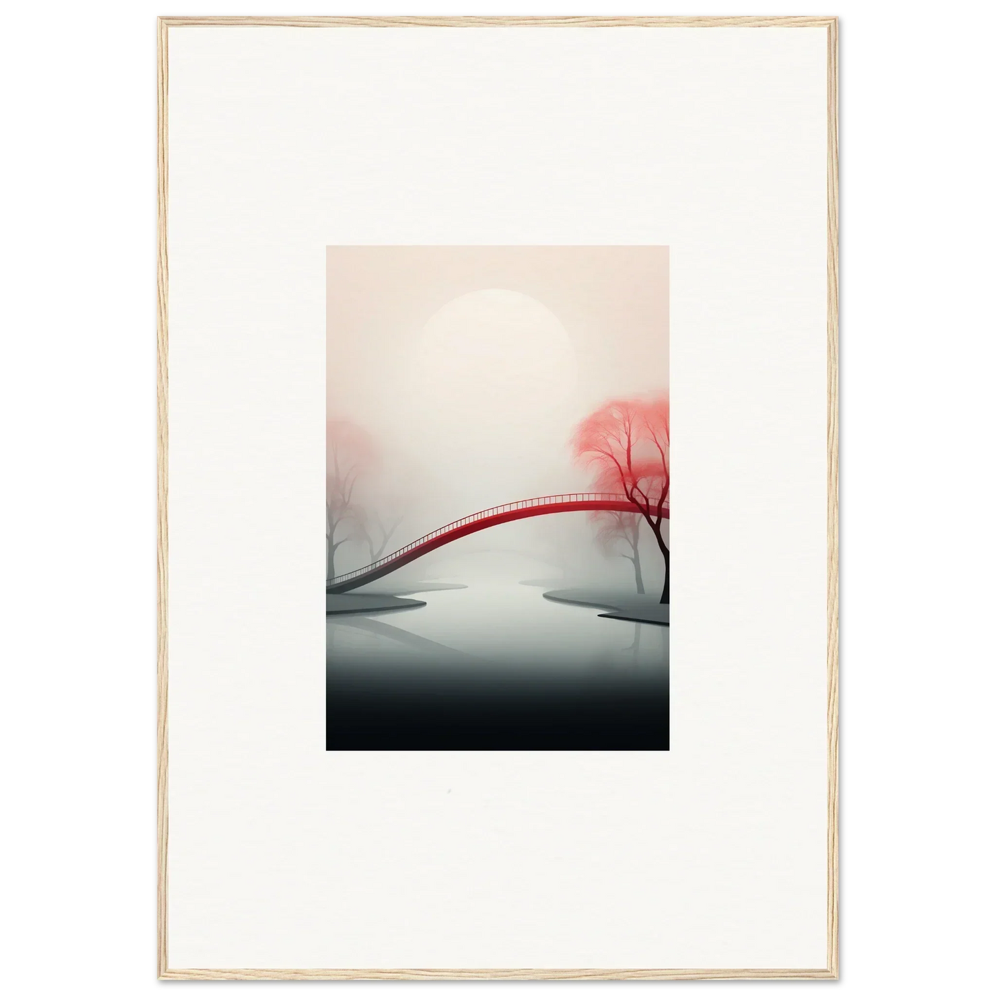 Red arched bridge over misty waters with pink trees for a mystic passage canvas print