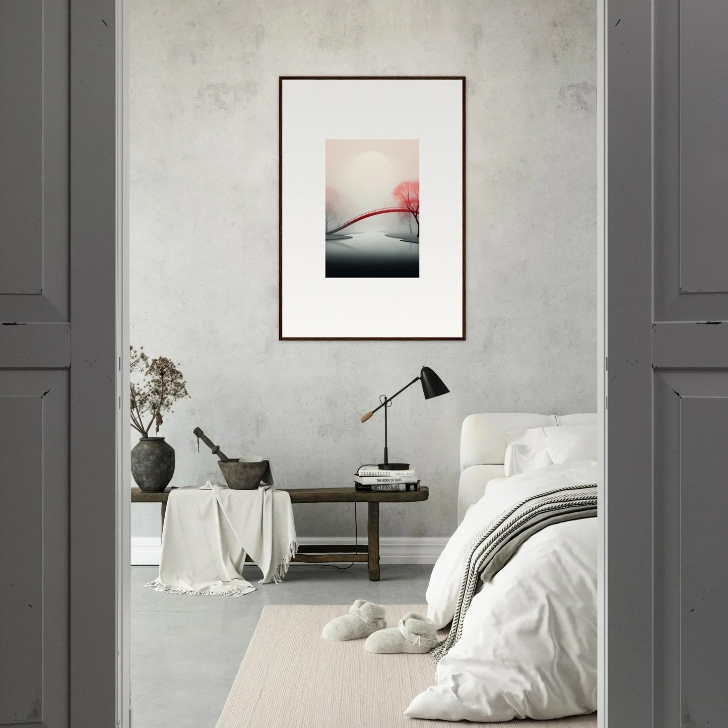 Framed minimalist canvas print with a red sun in Dreamlight Mystic Passage for room decoration