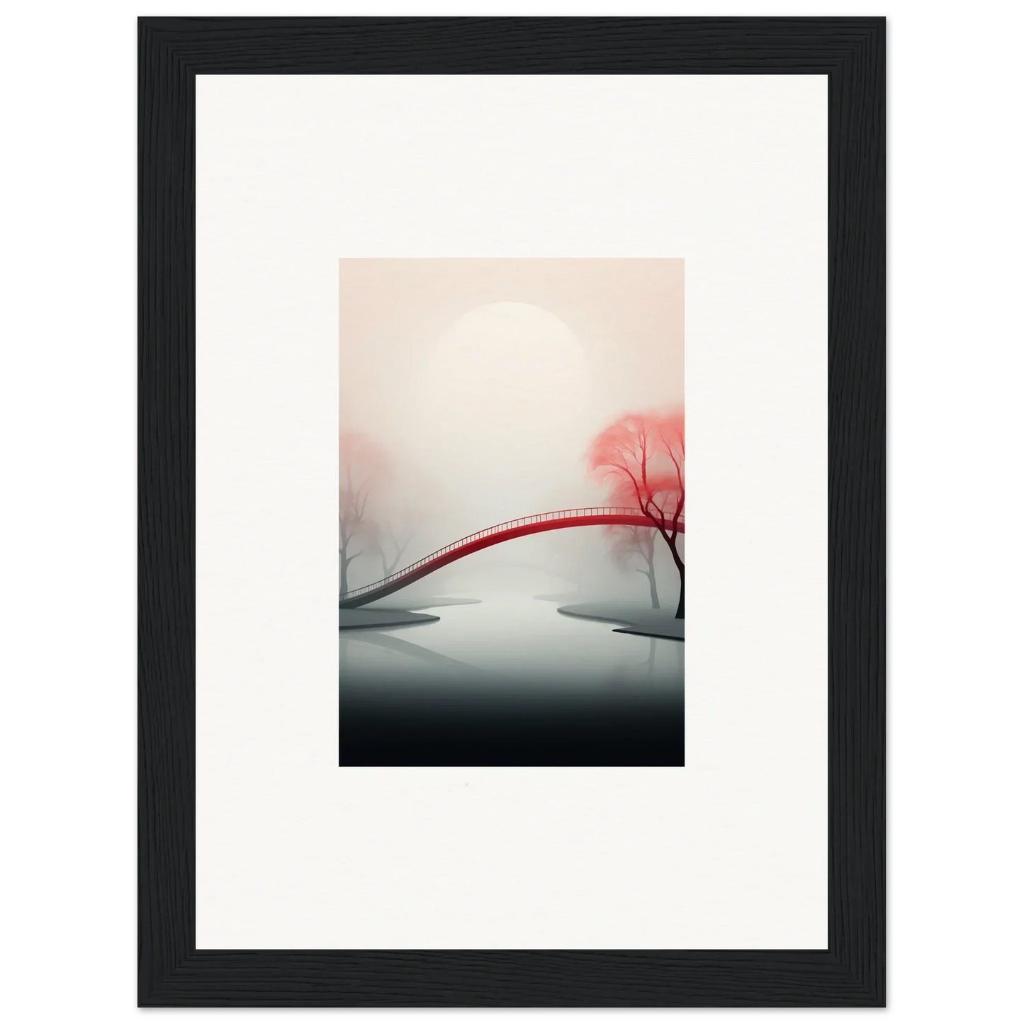 Red arched bridge over misty waterway with pink trees for a dreamy room decoration canvas print