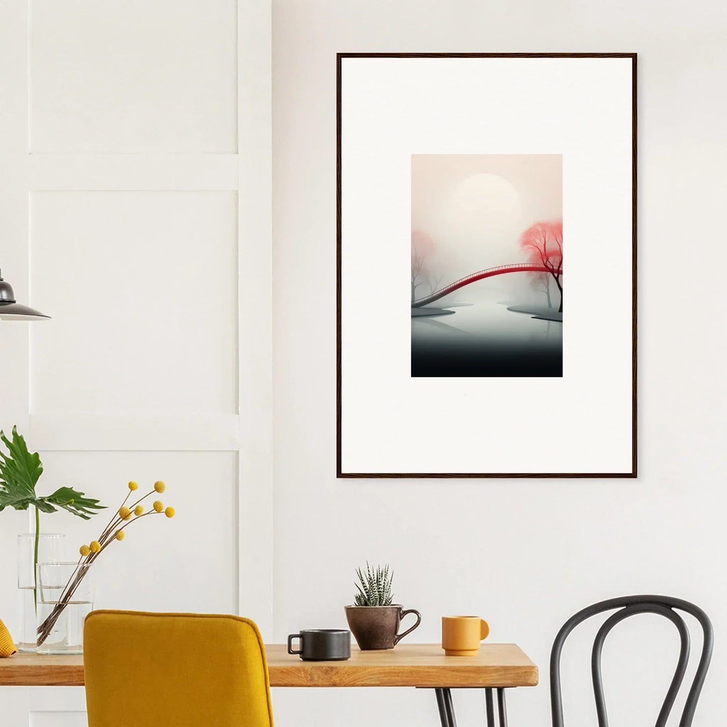 Framed canvas print of a minimalist landscape with a red tree for mystic passage room decoration